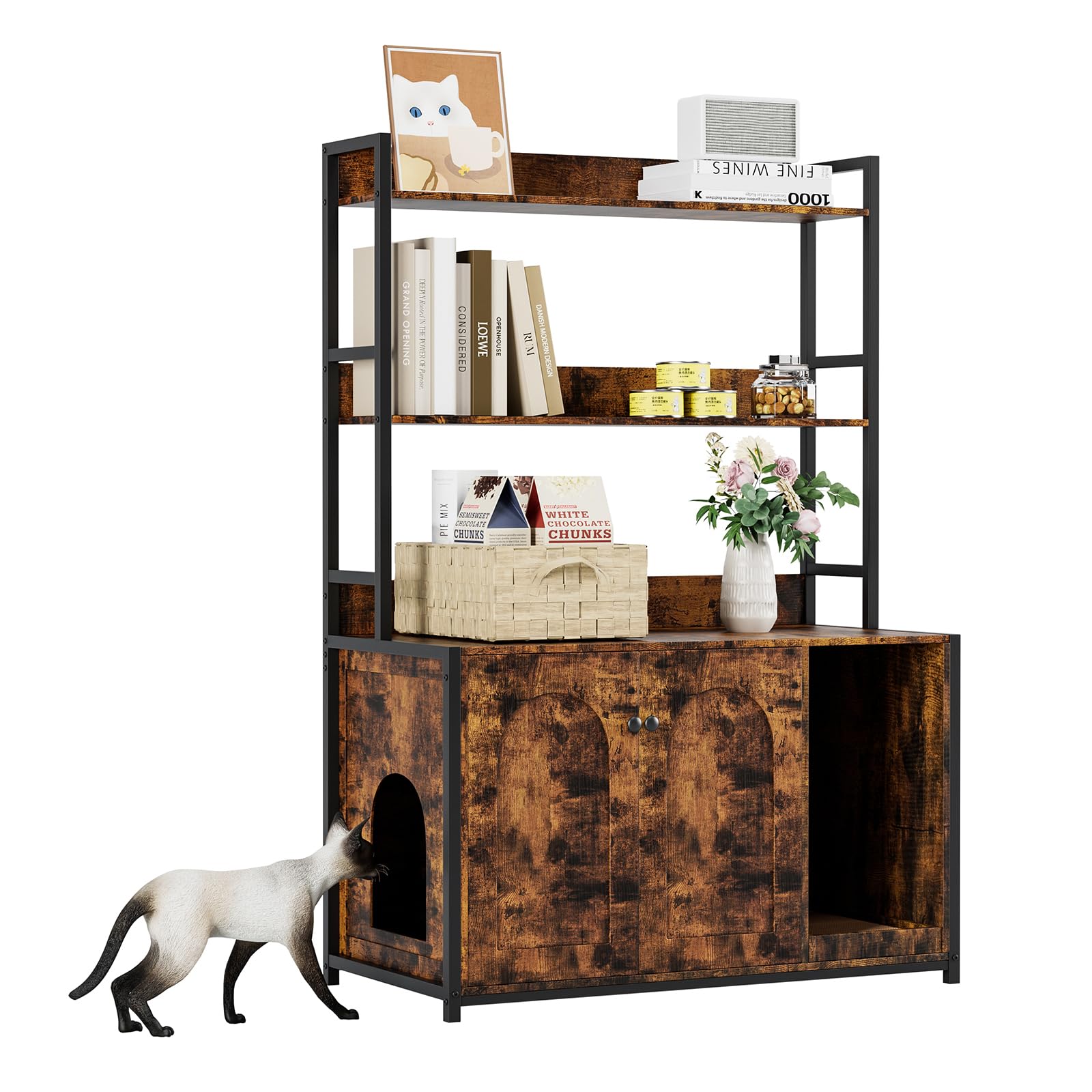 GarveeLife Large Litter Box Enclosure with Shelves and Doors, 52'' Litter Box Bookshelf Cat Box Furniture for Most of Litter Box Hidden Kitty Cat Litter Box Enclosure Cabinet with Scratch Pad Brown
