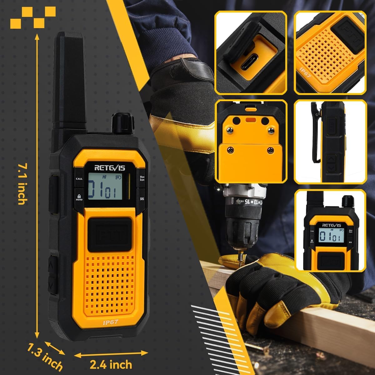 Retevis RB48 Waterproof Walkie Talkies, Heavy Duty Two Way Radio, Advanced Triple Proof, Vibration Call, USB-C, SOS,2000mAh, NOAA, 2 Way Radio(2 Pack) Yellow