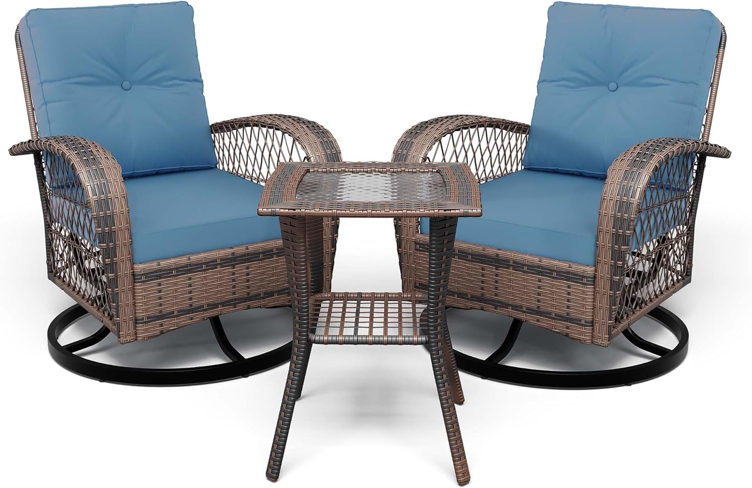 3-Piece Swivel Rocking Patio Chairs Set with 2 360-Degree Swivel Rocking Chairs and Tempered Glass Top Side Tabl, Outdoor Wicker Patio Bistro Set With Thickened Cushions for Poolside/Garden/Deck（Blue）