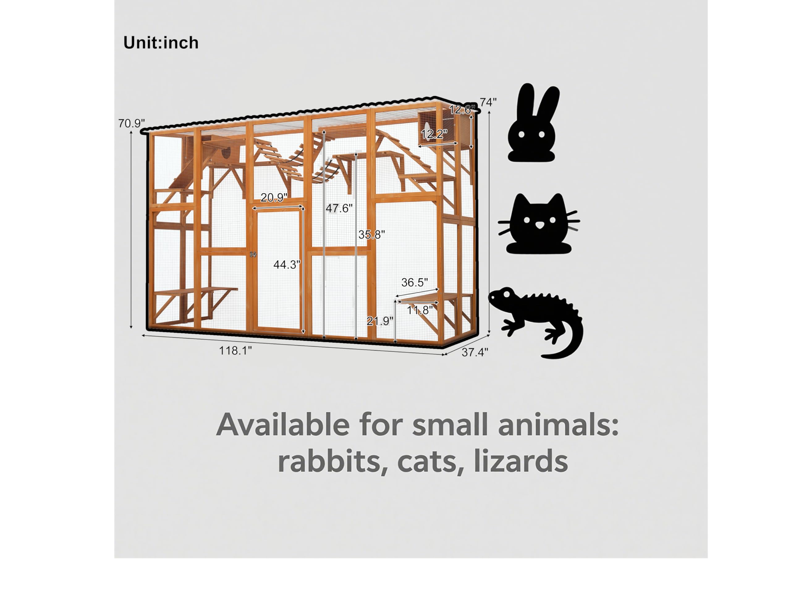 Large Wood Catio Outdoor Cat Enclosure Window, 118" Walk in Kitten Cage with Platforms, Outdoor Catio, Waterproof Cover, 6 Platforms, 2 Bridges and 2 Sleeping Houses