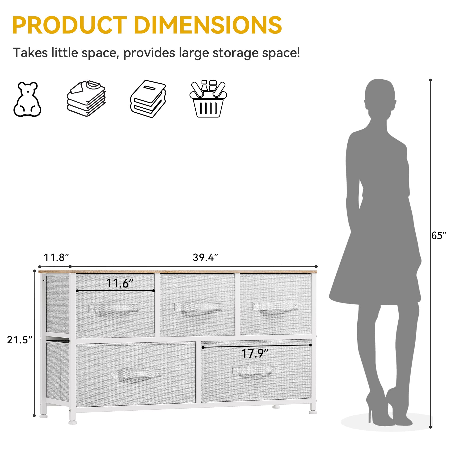 DWVO 5 Dresser for Bedroom, Storage Dresser with 5 Drawers, Wide Storage Tower, Chest of Drawers for Closet, Living Room