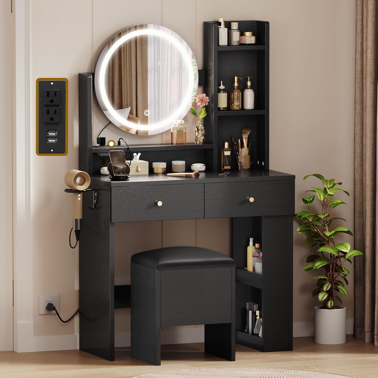 YITAHOME Makeup Vanity Desk with Mirror and Lights, Vanity Table Set with Power Outlets, Storage Drawer, Chair and 3 Shelves, Bedroom, Black