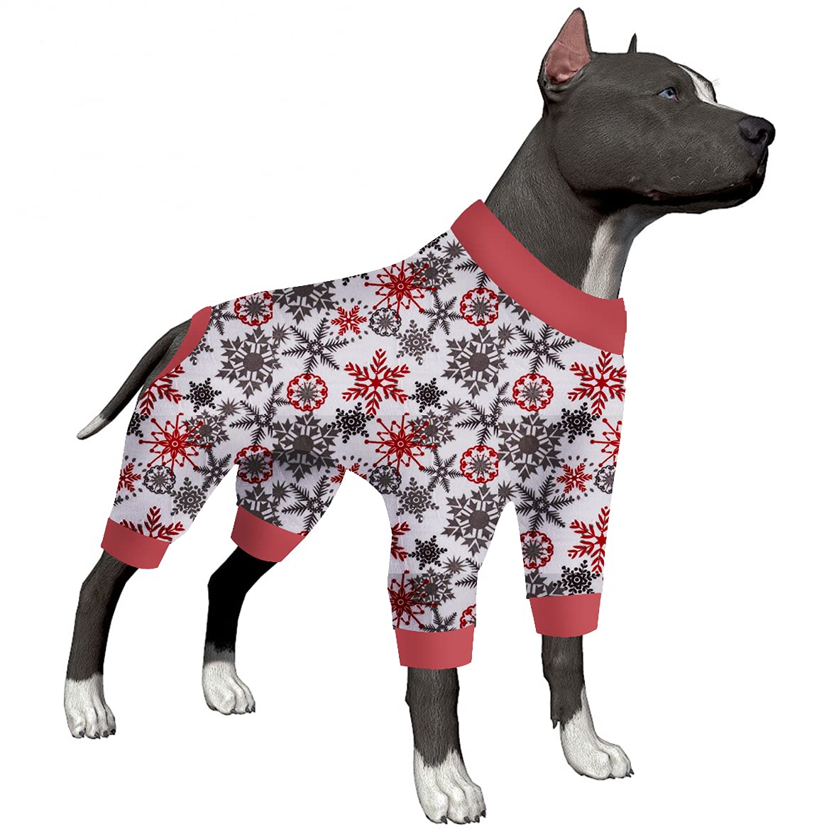 LovinPet Dog Clothes for Medium Dogs Boy - Anti Licking & Anxiety Calming Dog Clothes, Comfy Lightweight Stretchy Fabric, Scarlet Ice Crystals Print, Pitbull Costume for Parties, Red M
