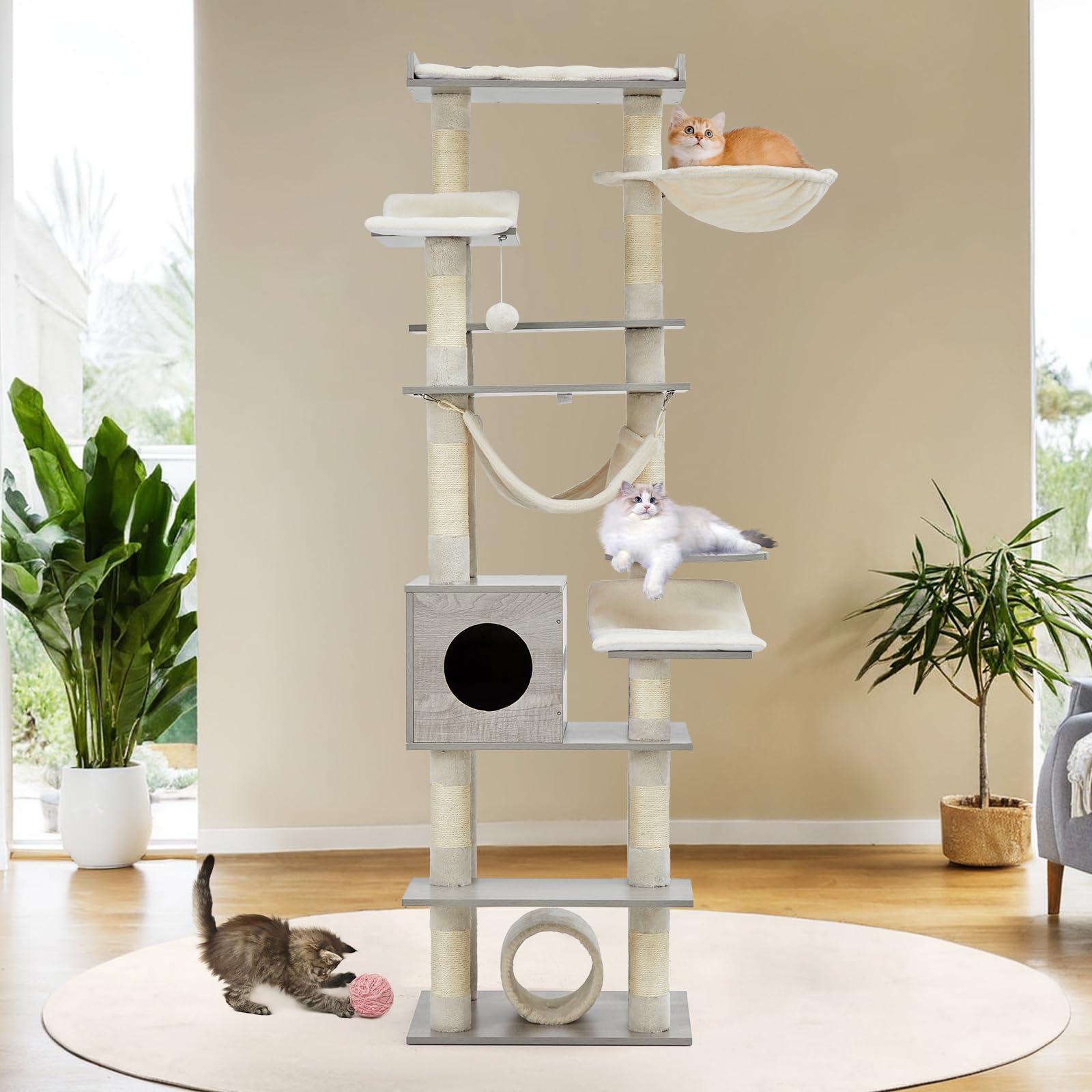 GOCAPTAIN 67" Large Cat Tree for Big Cats,Multi-Level Tower with Scratching Posts, Condo, Perches, Hammock, Tunnel & Feeding Station,Retro Light Gray