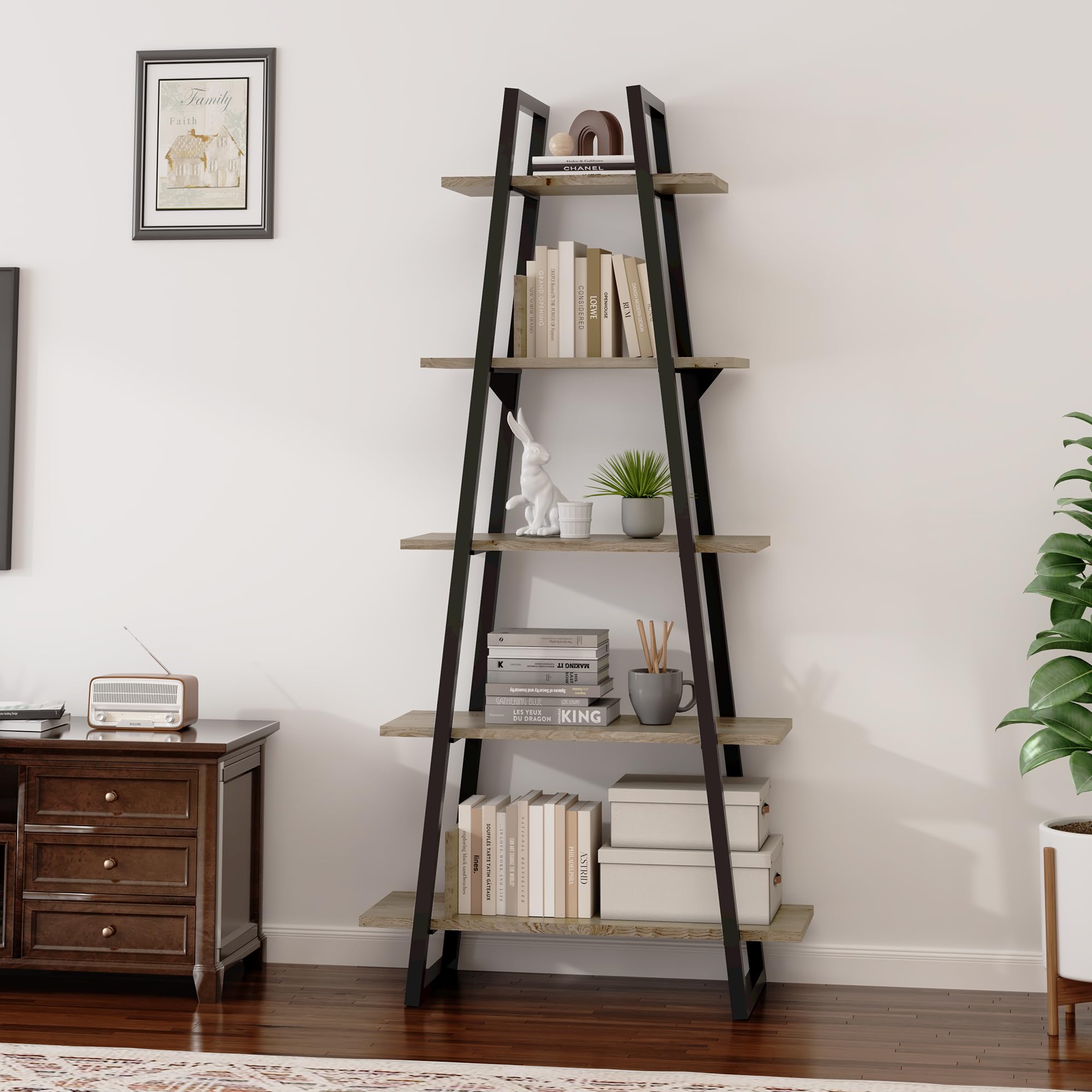 GarveeHome 5 Tier Ladder Bookshelf, Narrow Open Book Shelf, Tall Standing Bookcase with Steel Frame, Industrial Ladder Storage Shelves for Living Room, Bedroom and Kitchen, Light Yellow Wood Grain