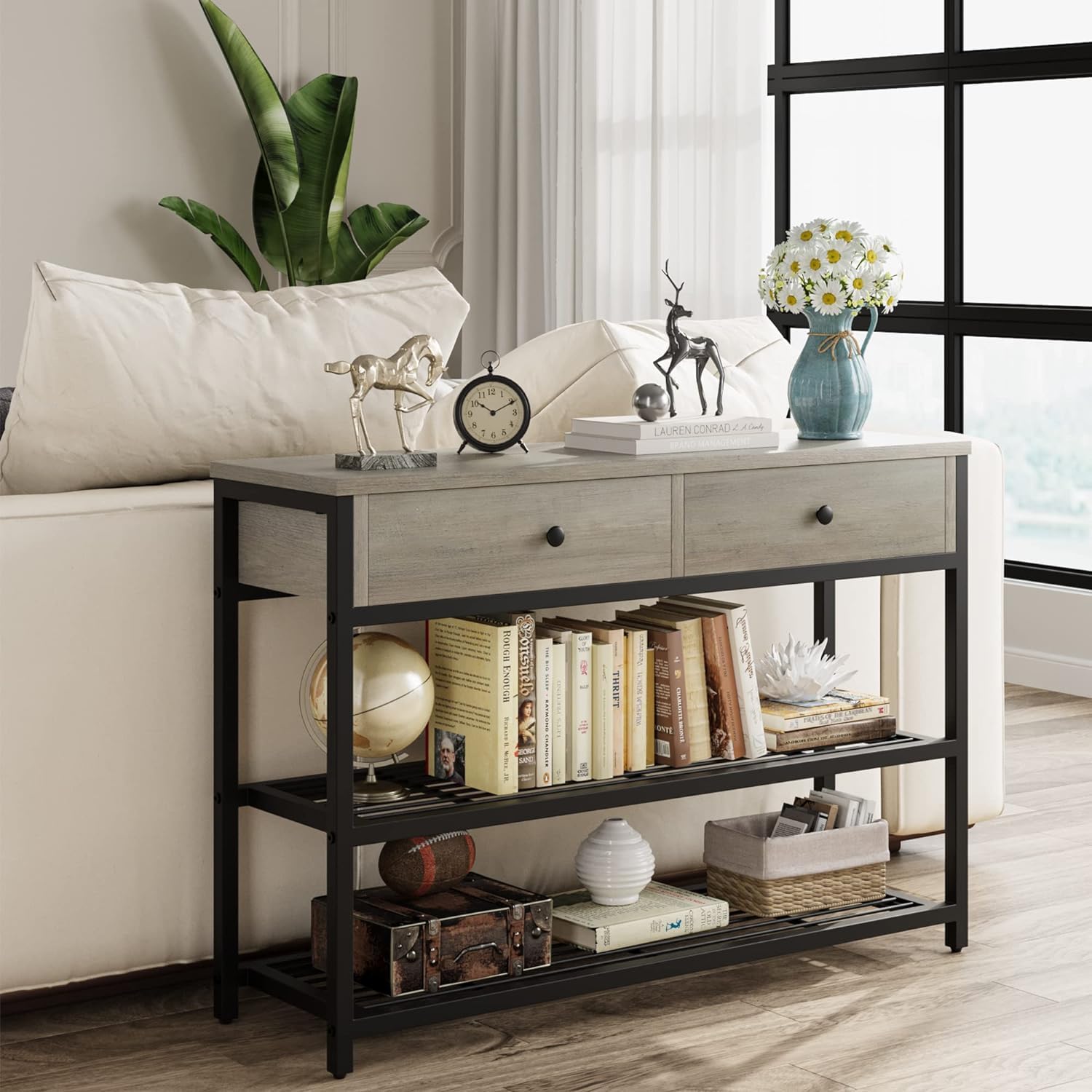 GarveeHome Console Table with 2 Drawers, Sofa Table with 2 Tiers Metal Mesh Open Storage Shelf, Narrow Long Entryway Table for Living Room, Hallway and Foyer, Grey