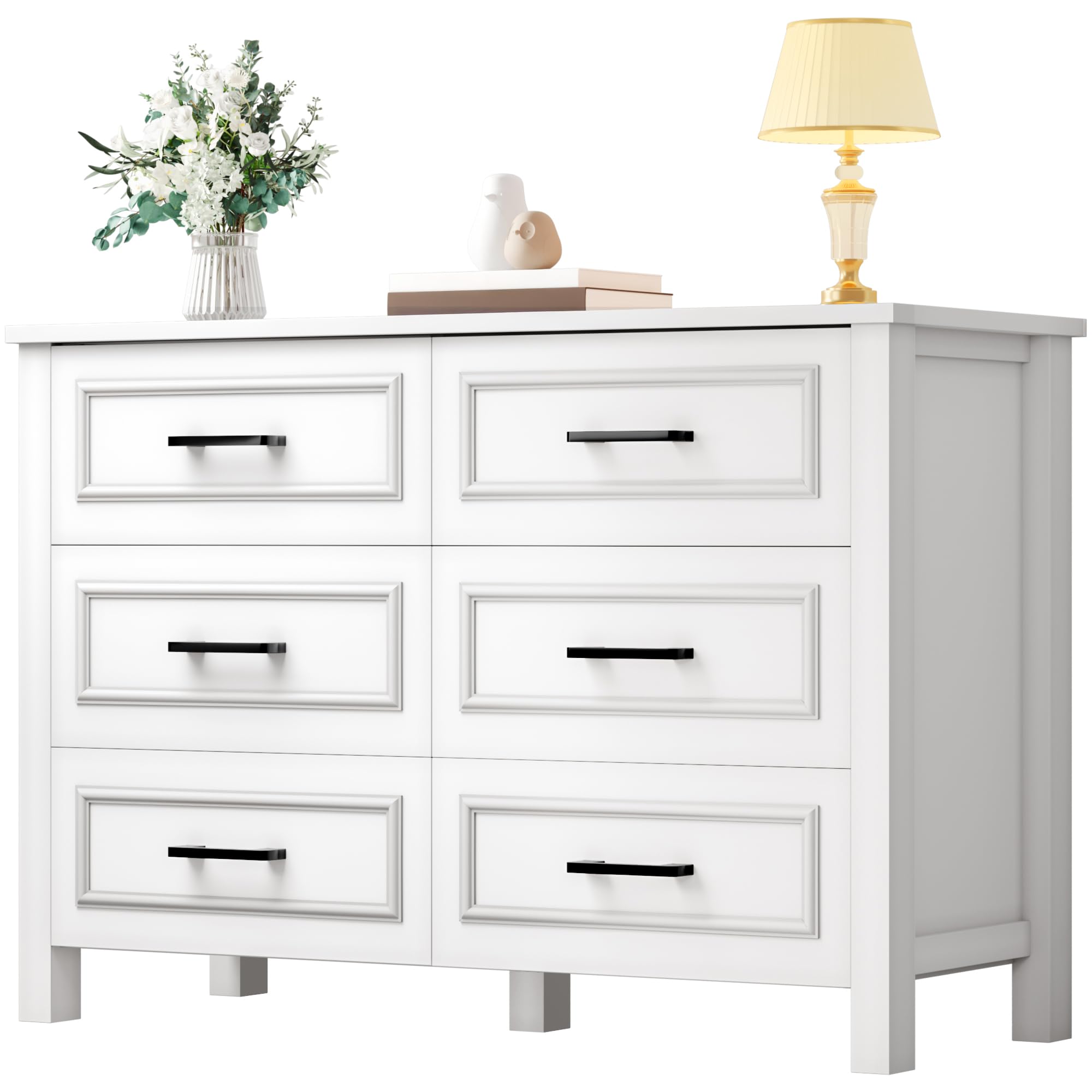 DWVO Farmhouse Wooden Dresser TV Stand with Power Outlet, 6-Drawer Dresser with Large Storage Drawers and Bar Handles, Ideal for Living Room, Hallway, 47.2" x 15.7" x 33.4" - White