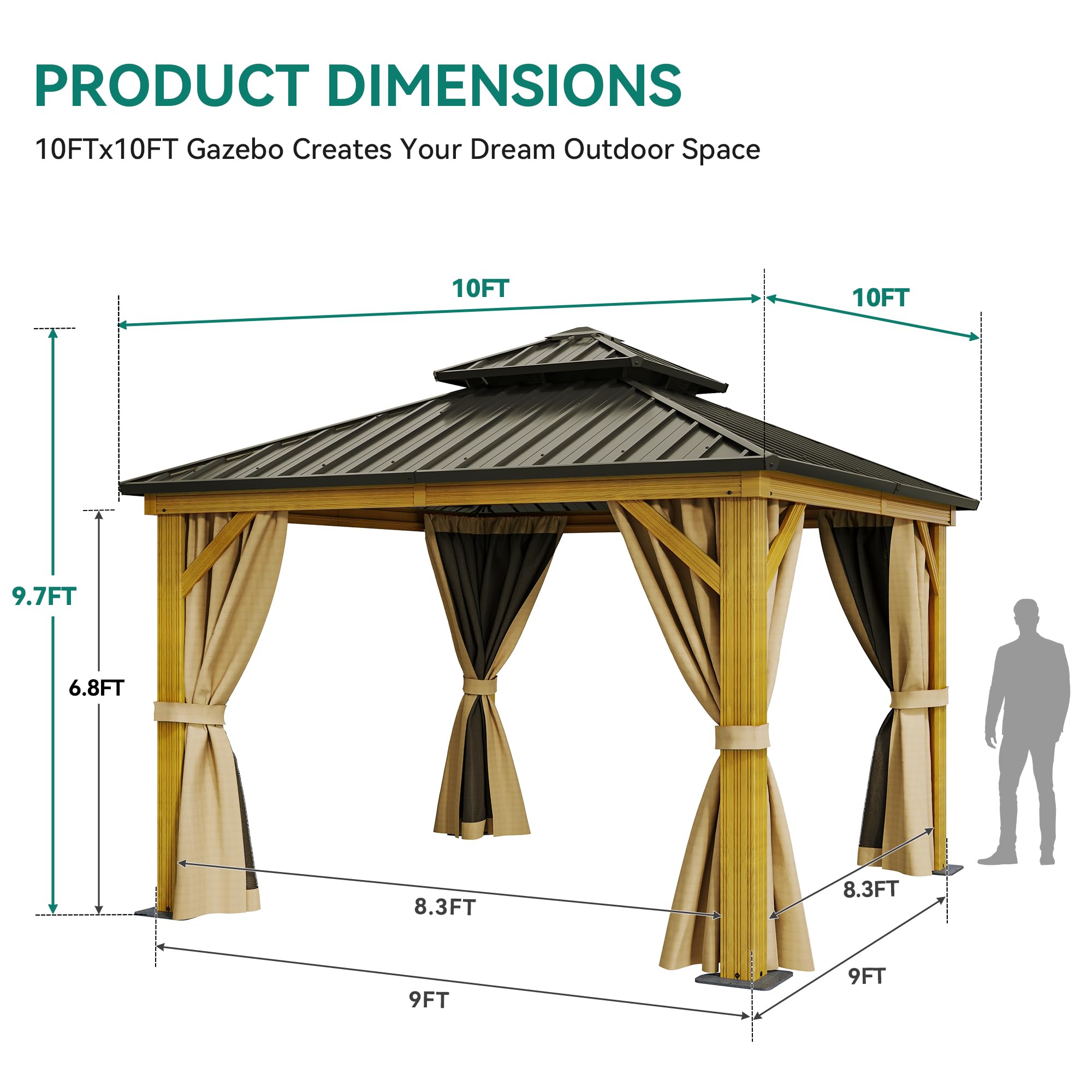 YITAHOME 10x10ft Hardtop Gazebo with Nettings and Curtains, Wood Grain Heavy Duty Double Roof Galvanized Steel Outdoor Combined of Vertical Stripes Roof for Patio, Backyard, Deck, Lawns, Brown