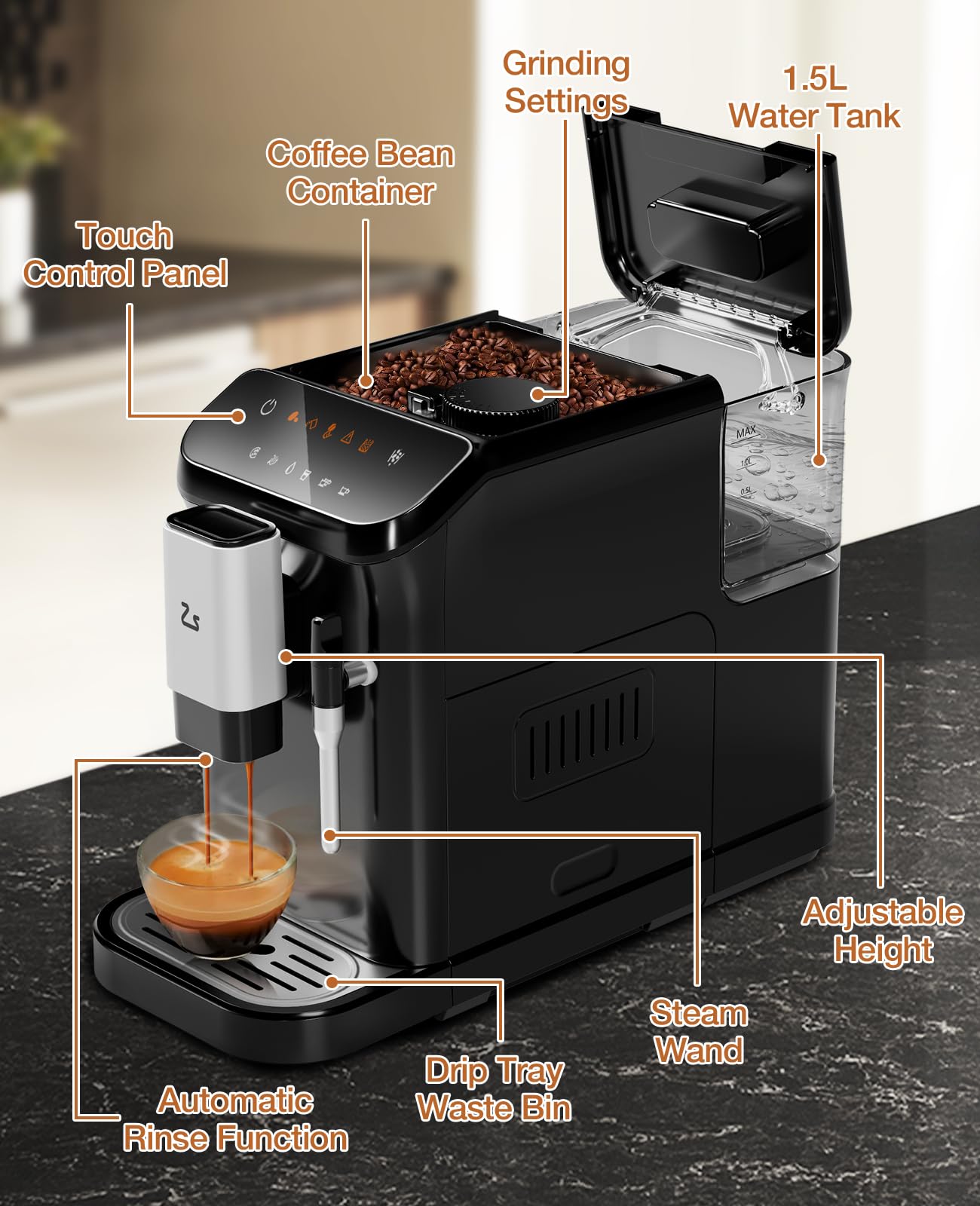 GarveeTech Fully Automatic Espresso Machine, 20 Bar Espresso & Coffee Machine with Milk Frother, Built-In & Adjustable Espresso Bean Grinder, Touch Screen Coffee Machine with 1.5L Water Tank