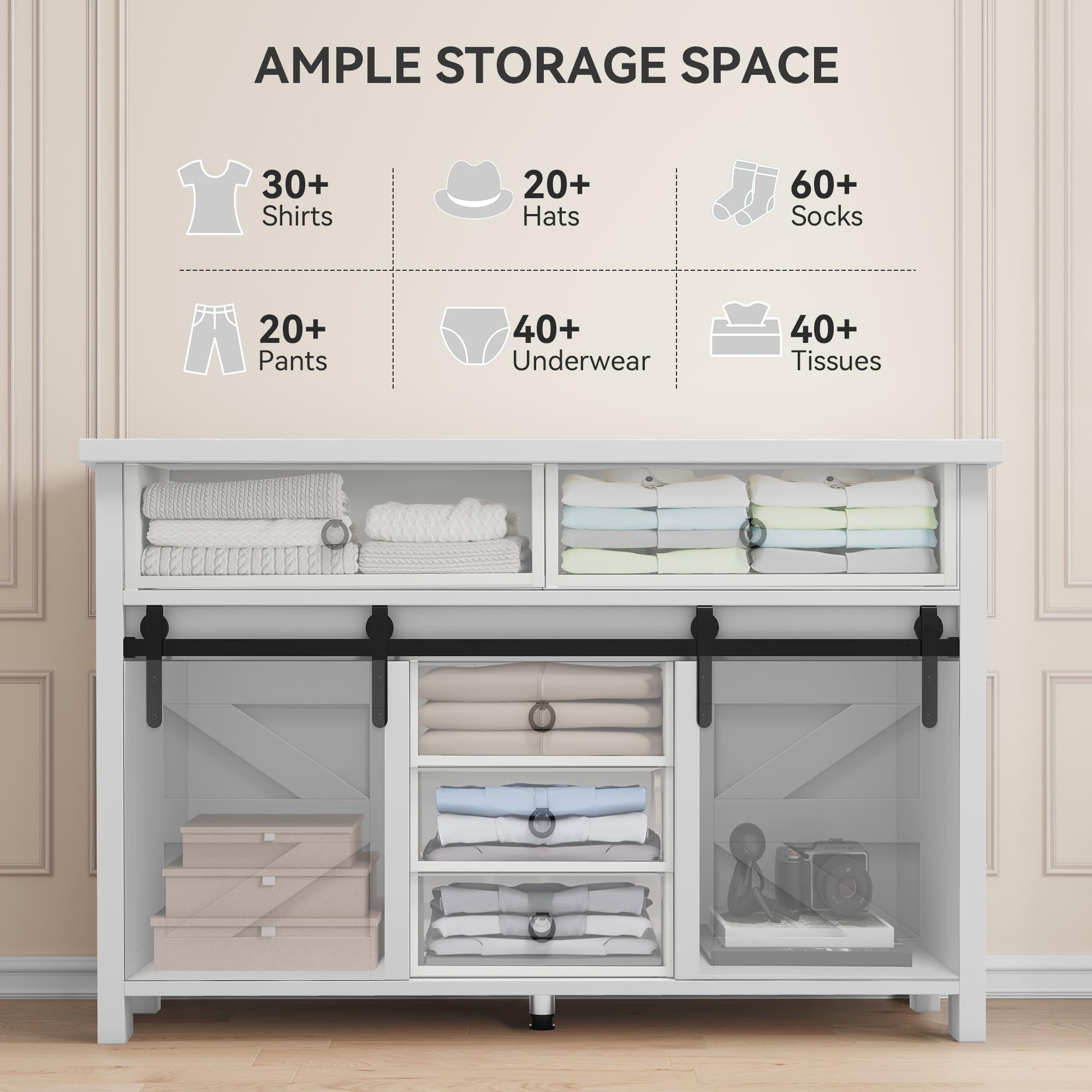 DWVO 54" Farmhouse Dresser for Bedroom, Large Modern Chest of Drawers, Wood Rustic Dresser TV Stand with 5 Drawers & 2 Sliding Barn Doors for Living Dining Room, Entryway, Hallway, White
