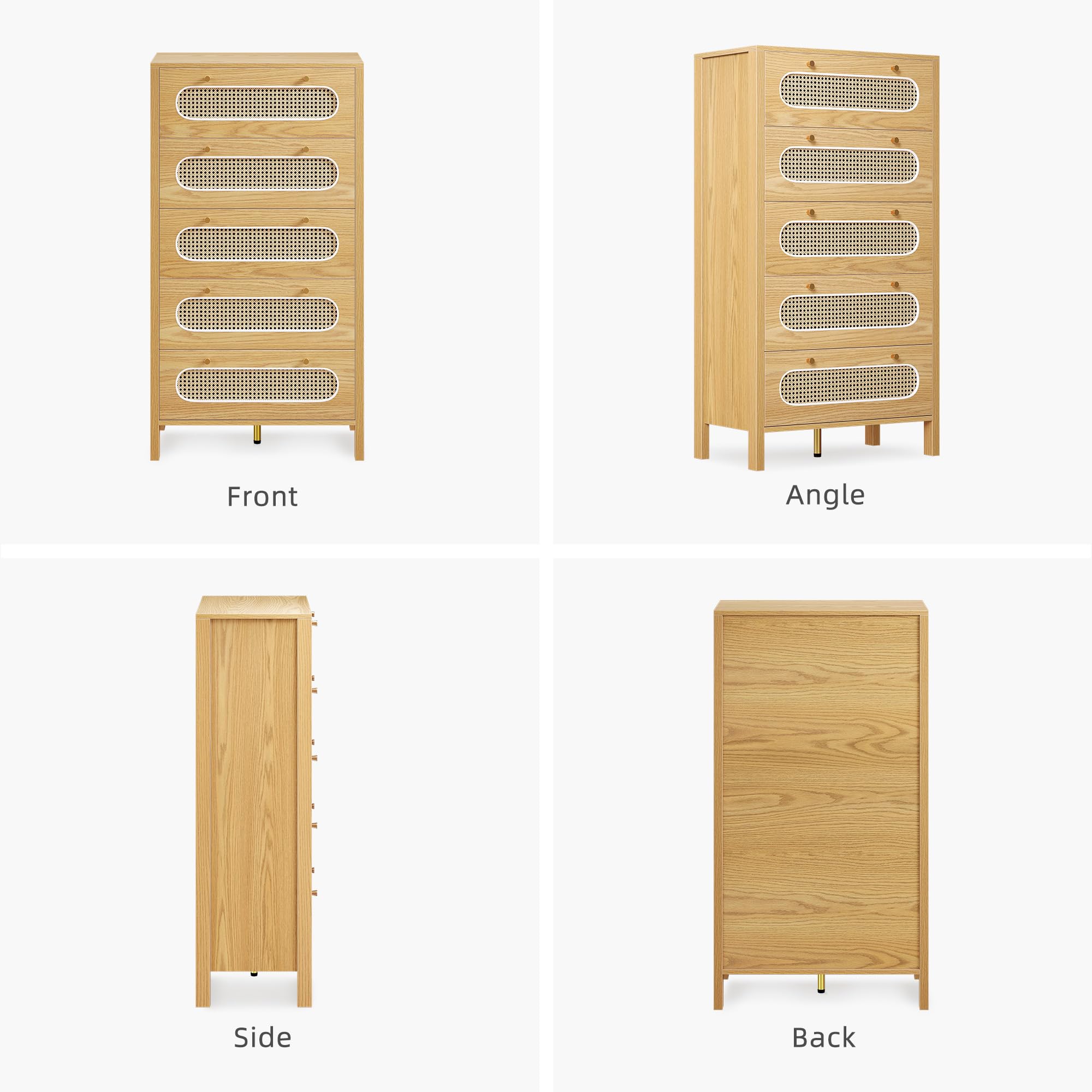 DWVO 47" Tall Natural Rattan 5 Drawer Dresser, Boho Dresser Chest of Drawers with Golden Handles, Wood Dresser Storage Cabinet for Hallway, Entryway, Hold up to 300lbs, Oak