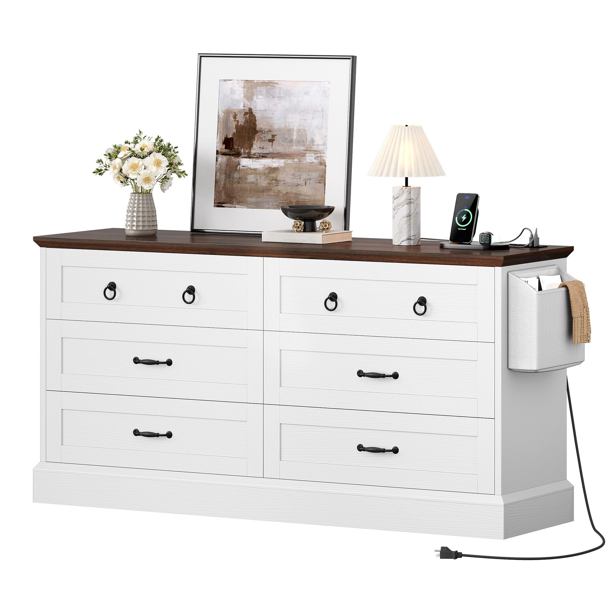 DWVO 7 Drawer Dressers, Buffet Sideboard with Power Outlets, Broad Rustic Wooden Chest of Drawers with Attractive Grain, Storage Cabinet for Living Room, Dining Room, Kitchen, and Hallway, White