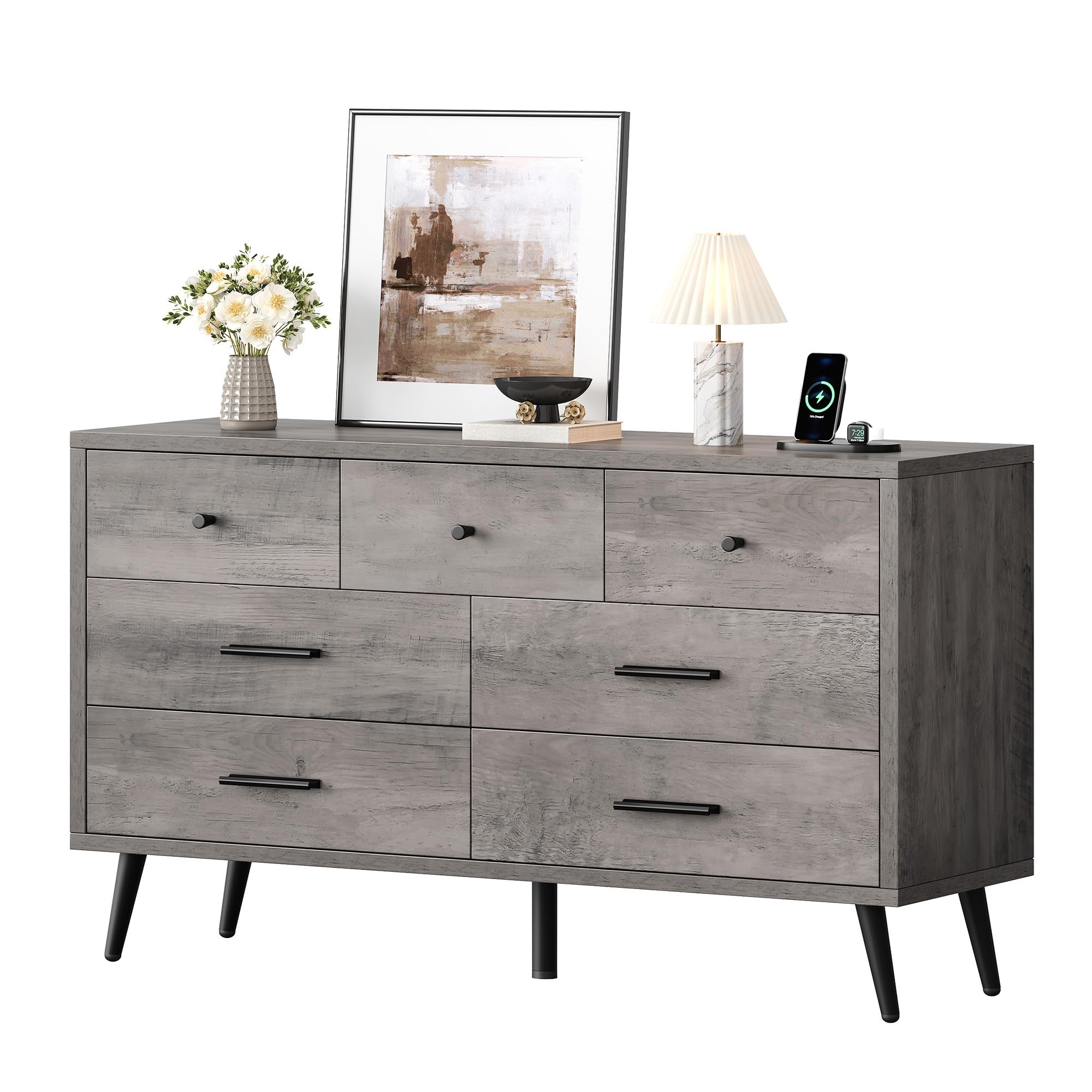 DWVO Grey 7 Drawer Dresser, 47" W Large Double Dresser Chest of Drawers, Modern Wood Storage Organizer with Black Metal Handles & Anti-Tipping Device for Hallway, Entryway