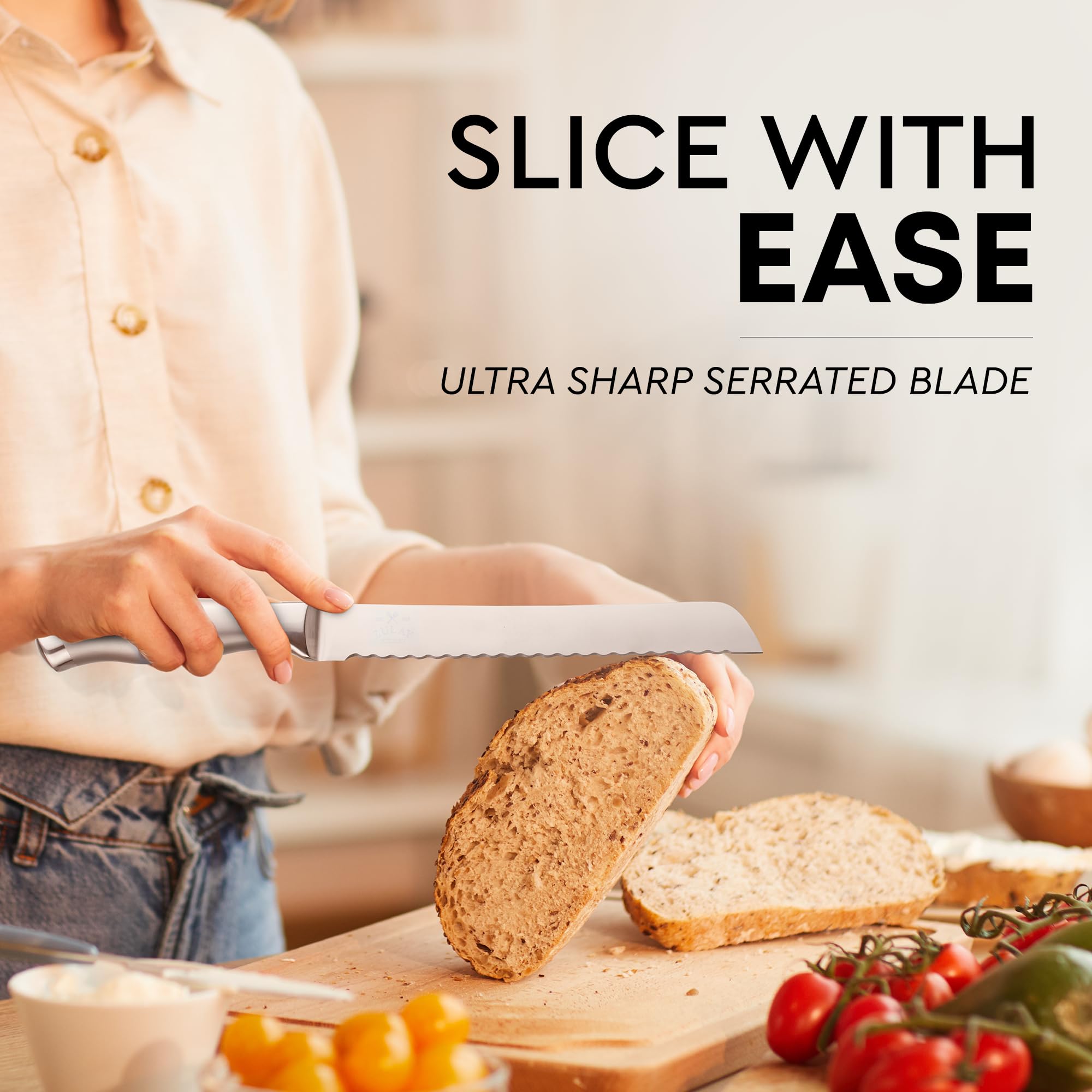Zulay Kitchen Bread Knife – Ultra Sharp 8-Inch Serrated Stainless Steel Blade for Homemade Bread, Bagels & Cakes – Wavy Edge Bread Slicer with 5-Inch Handle – Silver