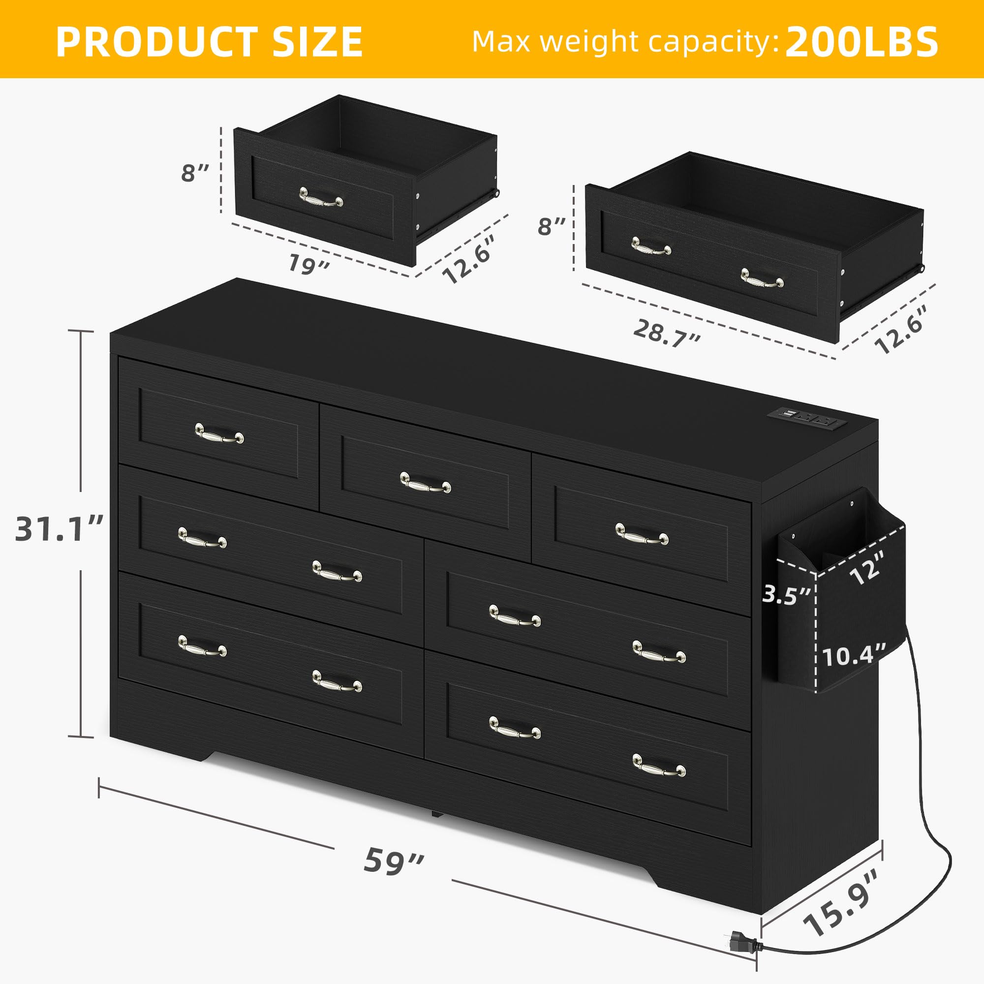 DWVO Large Buffet Sideboard Cabinet with 7 Drawers Power Outlets, Dressers Buffet Table Coffee Bar Wine Bar Storage Cabinet with Side Bags for Dining Room, Living Room (Black)