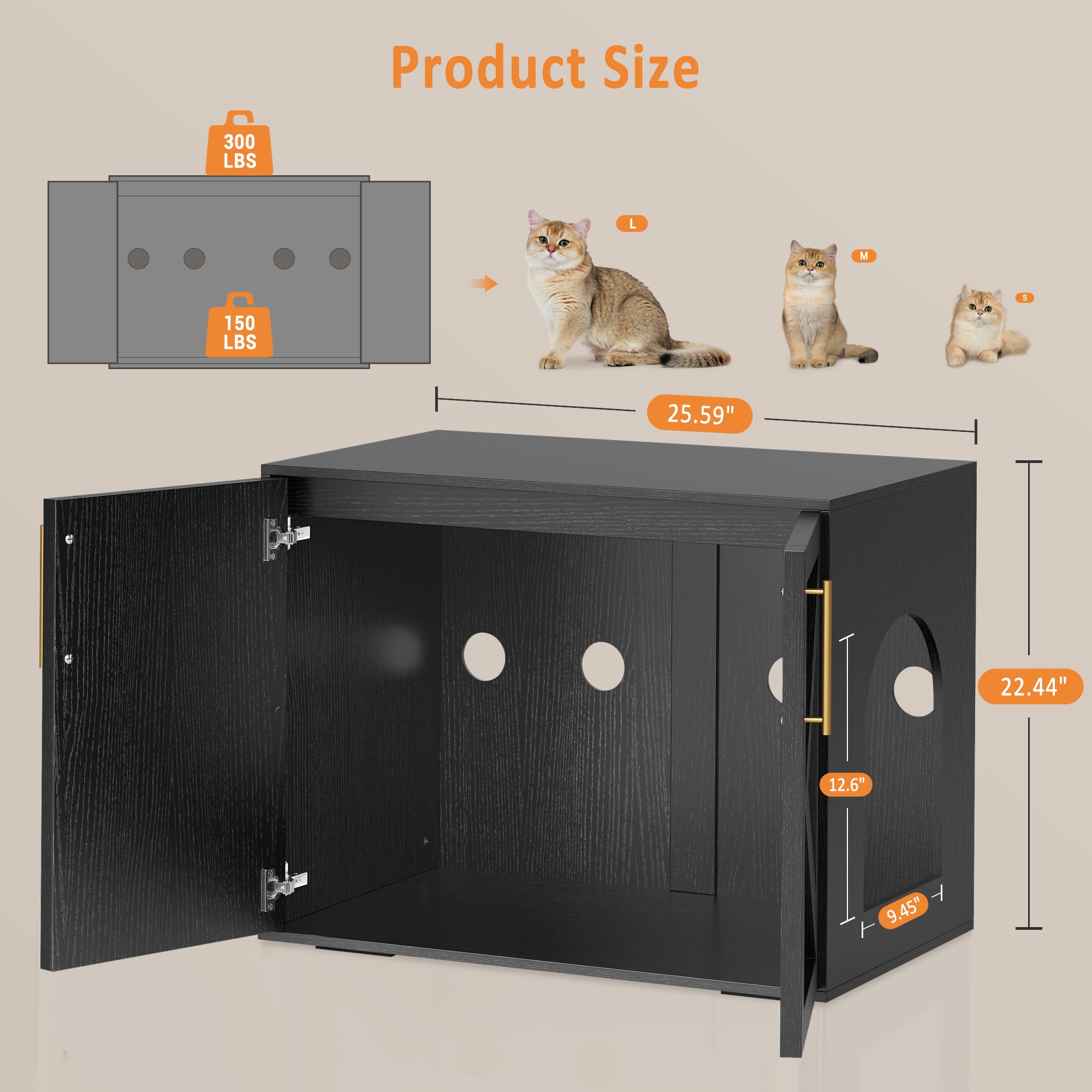 GarveeHome Cat Litter Box Enclosure, Hidden cat Litter Box Furniture with with 2 Doors and Pads, Wooden Kitty Litter Box Cabinet Furniture (Black, 1 Room)