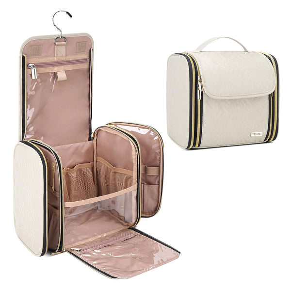 TBTOTRA Hanging Toiletry Bag & Makeup Bag for Women with Jewelry Organizer - TSA Approved Large Capacity Travel Cosmetic Organizer, Waterproof Shower Essentials Case with Transparent Pockets, Beige