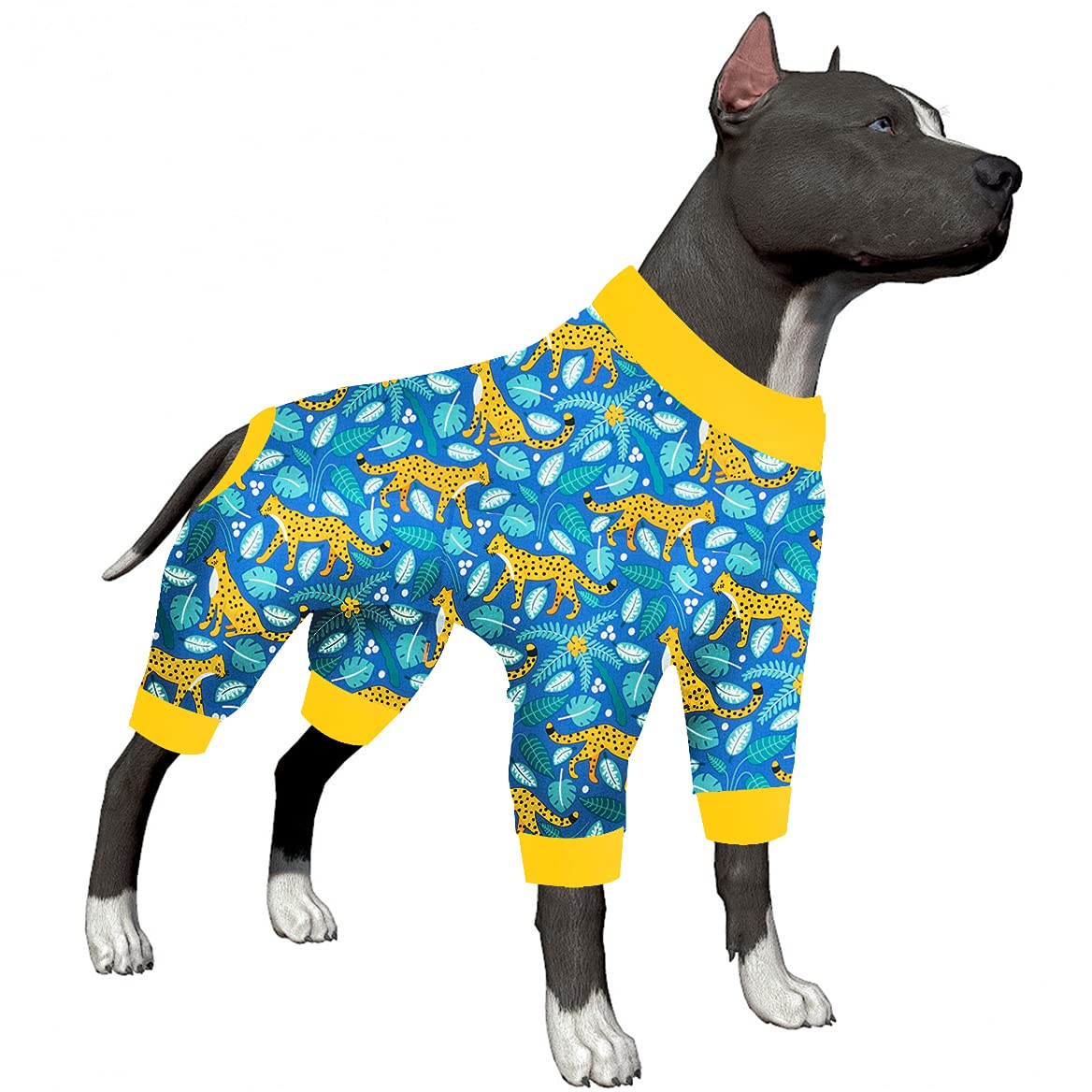 LovinPet Onsies for Dogs Large - Pet Anxiety Relief Shirt, Sun Protection, Dog Pajamas, Comfy Fabric, Bright Leopard Print, Pitbull Clothes, Recovery Shirt for Large Breed Dogs, Blue 2XL