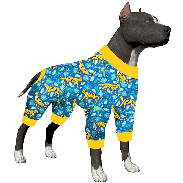LovinPet American Staffordshire Terrier Pajamas - Dog Pajamas, Comfy Fabric, Bright Leopard Print, Large Dog Pjs, Pitbull Clothes, Recovery Shirt for Large Breed Dogs, Blue M