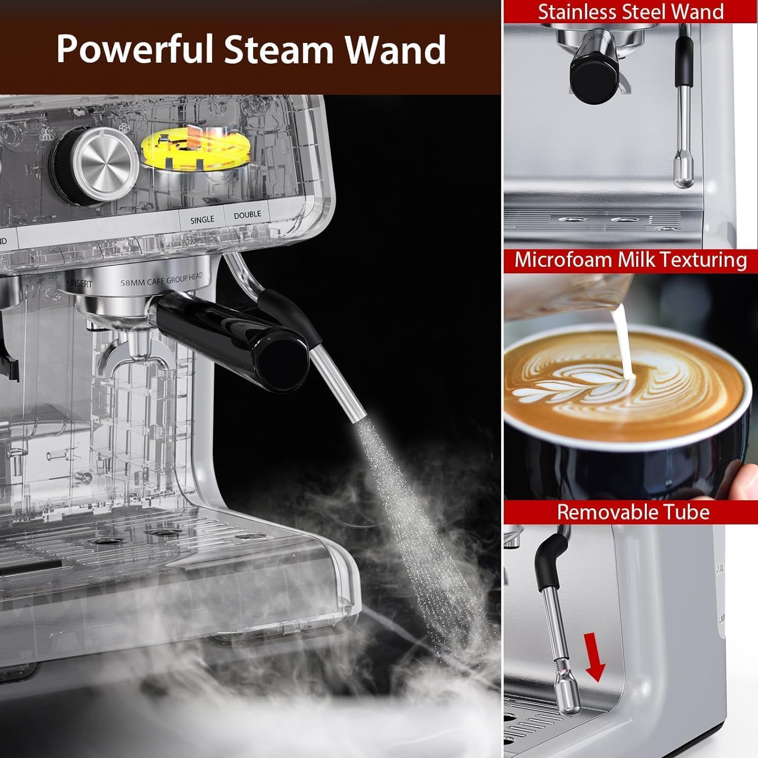 GarveeTech Semi-Automatic Espresso Machine - 1450W/20 Bar Professional Coffee Machine, 30 Grinder Settings, Fast Heating, Milk Frother Steam Wand, Home & Hotel Use, silver gray