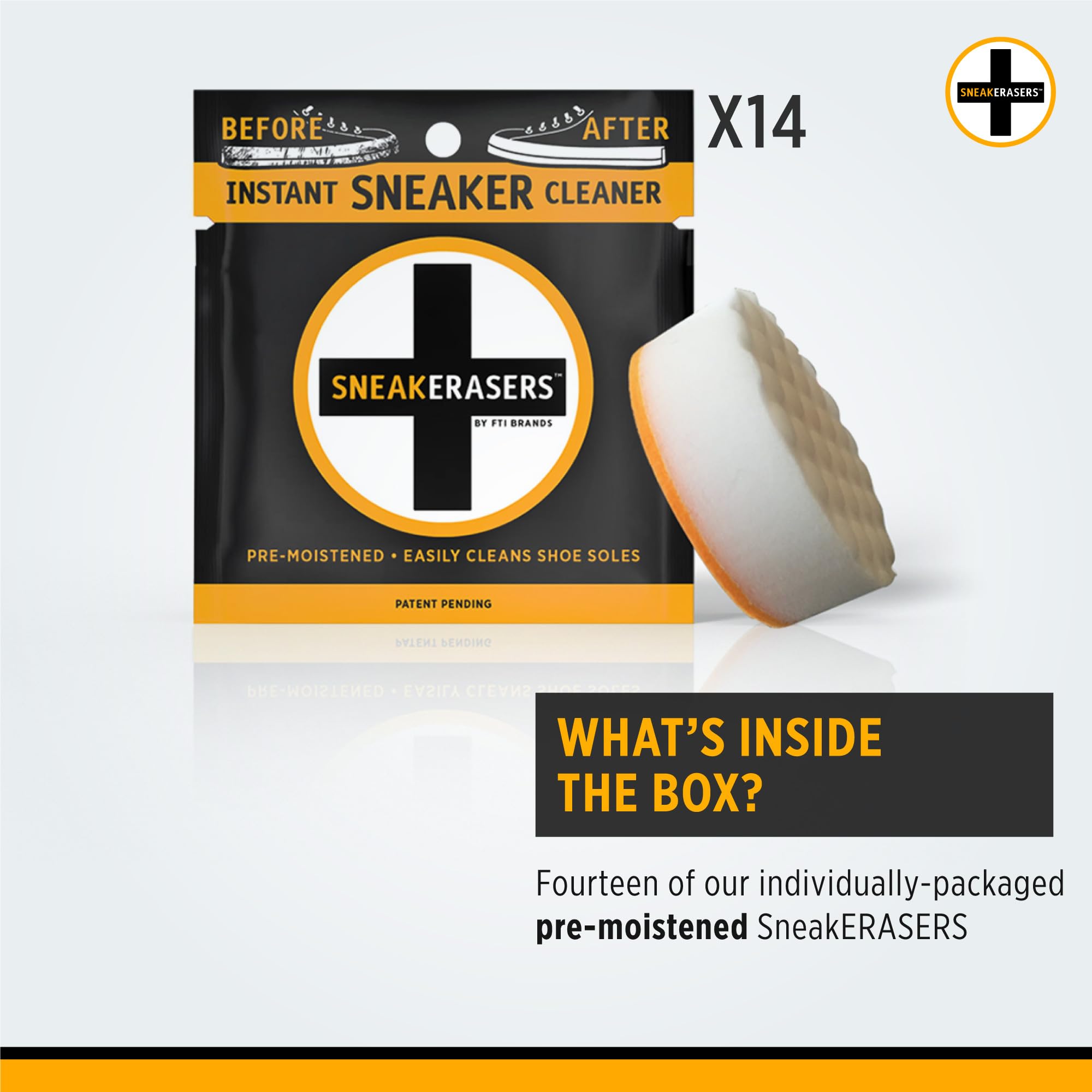 SneakERASERS Instant Sneaker Cleaner Sponge, Effective Shoe Cleaning for White Sneakers, Tennis Shoes - Pre-Moistened, Portable Shoe Cleaner, Perfect for Smooth Soles and Midsoles, 14 Pack