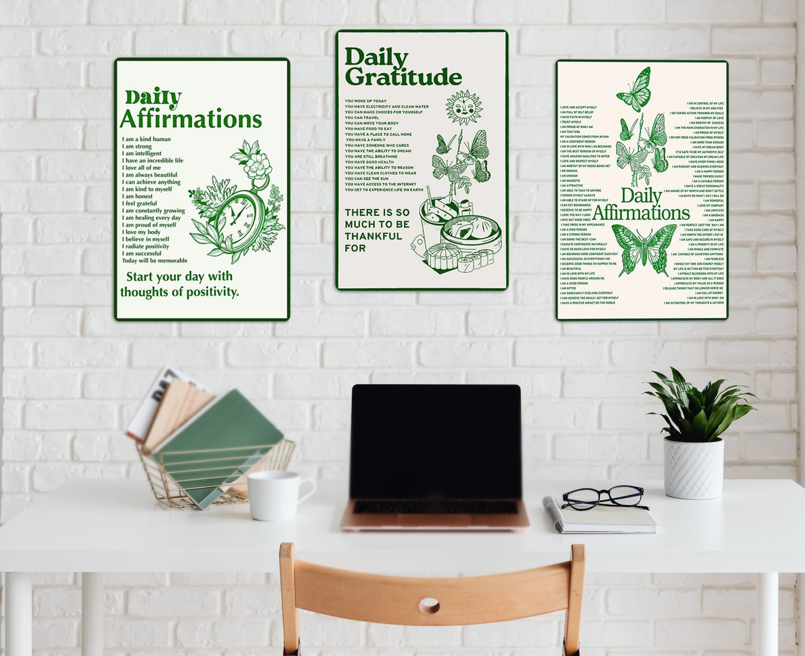 CUUCTGDA Daily Positive Affirmations Butterfly Posters Inspirational Metal Tin Sign Green Boho Room Aesthetic Decoration Home Kitchen Office Bedroom Wall Decor 8x12 Inch