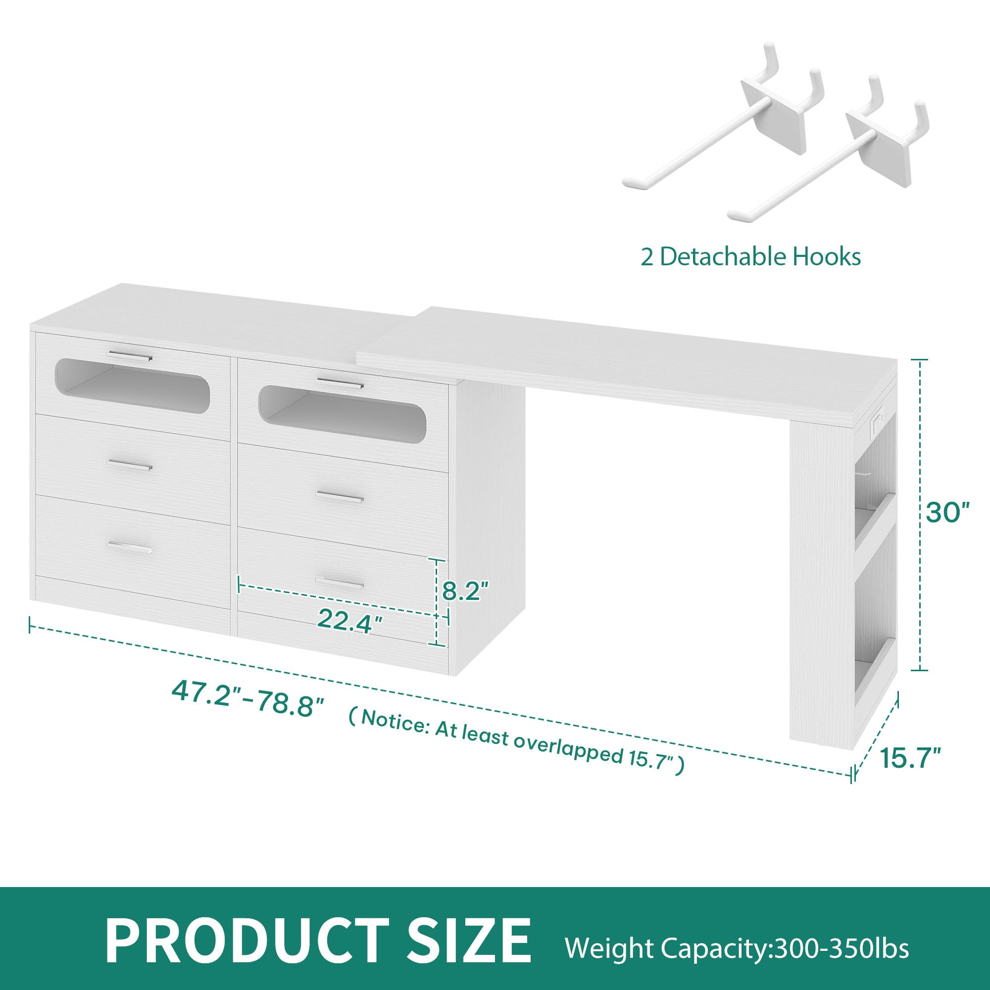DWVO L Shaped Computer Desk with Power Outlet & RGB Light, 78.8" Reversible Gaming Desk for Bedroom, 360° Rotatable LED Drawer Dresser with 6 Drawers, Home Office Desk with Charging Station, White