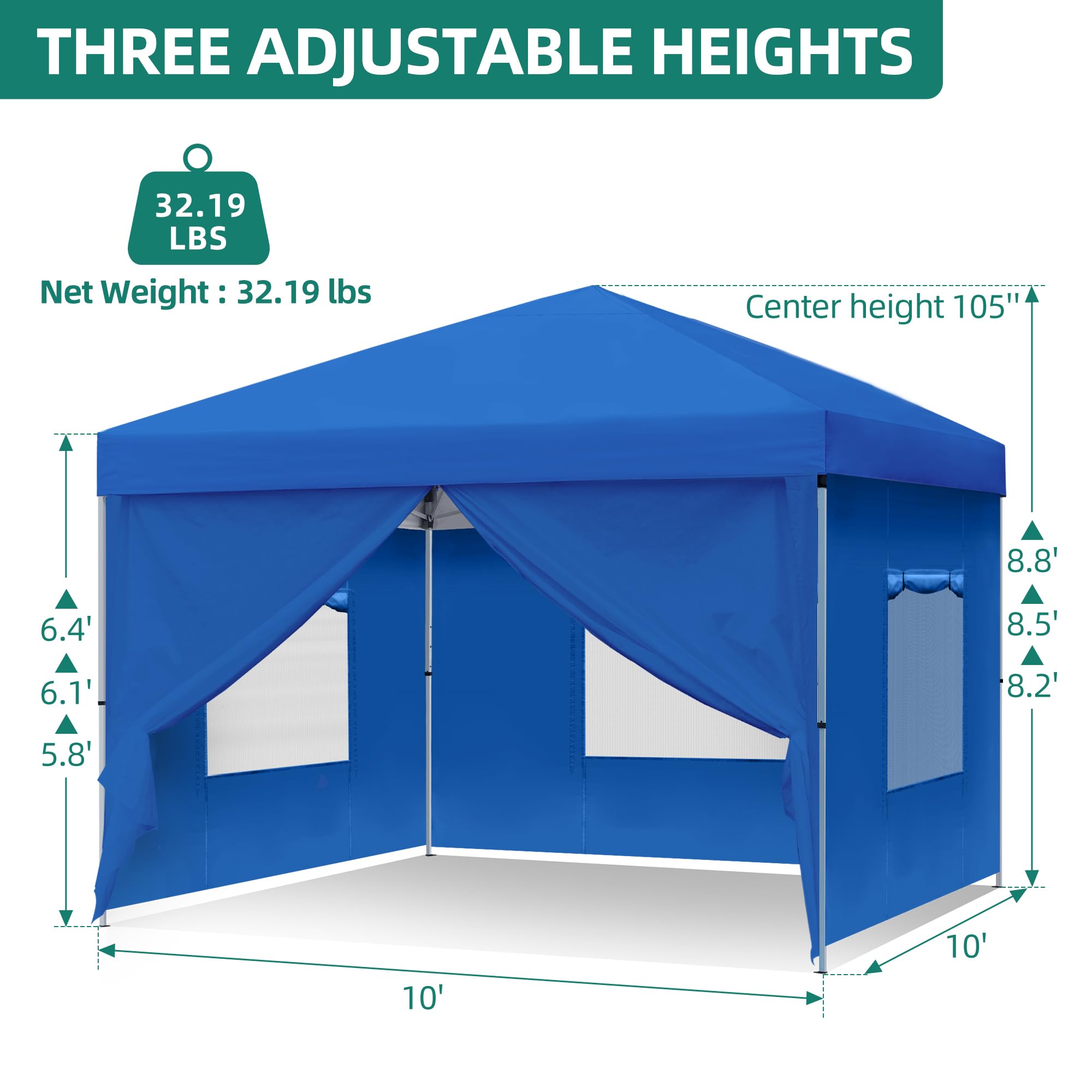 YITAHOME 10x10 Pop Up Canopy with 4 Removable Sidewall, Easy Set-Up Portable Canopy Tents for All Season Wind Gazebo with Roller Bag for Camping Wedding Patio Parties Beach Commerce, Blue