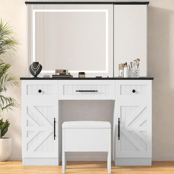 YITAHOME Farmhouse Vanity Desk with Mirror, Hidden Storage