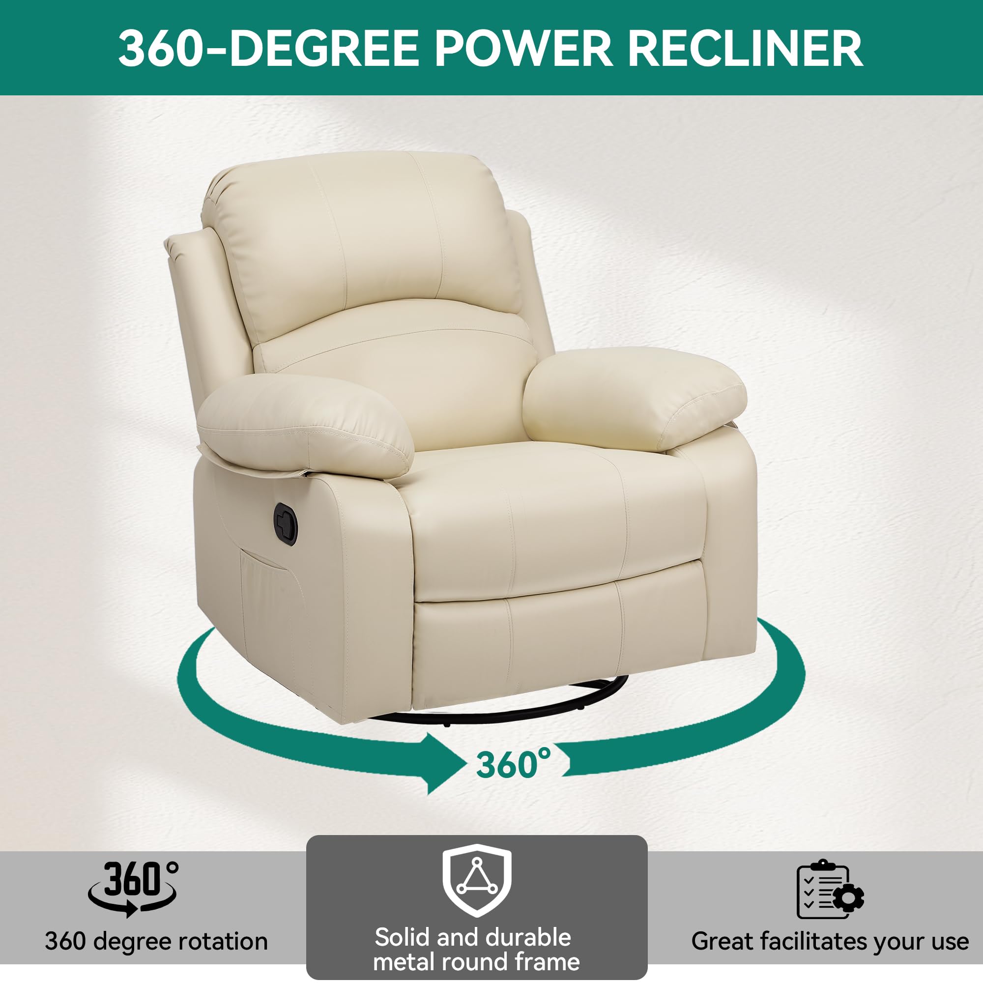 YITAHOME Oversized Rocker Recliner Chair with Heat and Massage, Lazy Boy Recliner with Overstuffed Armrest, Rocking Function and Side Pocket, Faux Leather Manual Reclining Chair for Living Room,Biege2