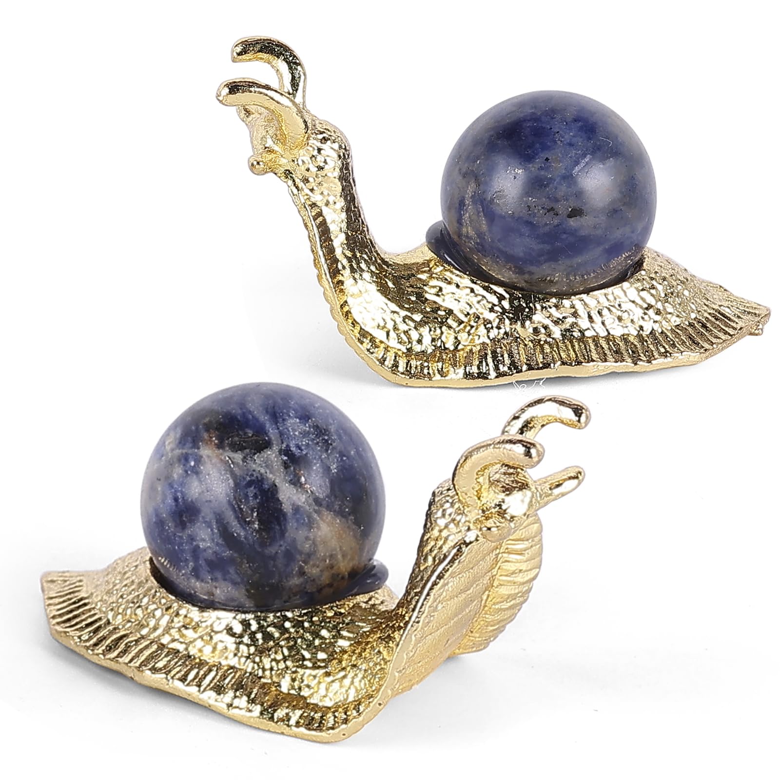 SHENGTIAN 2-Piece Set, 2-Inch Handcrafted Gold Snail Statues with 0.78-Inch Natural Sodalite Crystal Balls, Symbolizing Safety and Journey, Ideal for Desk and Home Decor (Blue-Vein)