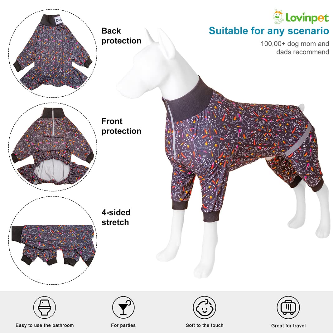 LovinPet Pitbull Dog Bodysuit, Post Surgery Recovery Pajamas, Pullover Dog Onesie with Reflective Stripe, Soft & Stretchy, Black Monarch Butterfly Print, Big Dog Jammies,Grey, 3XL