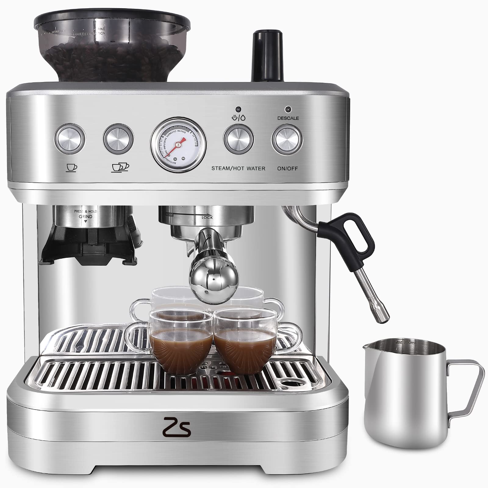 Zstar Espresso Machine with Milk Frother, 15 Bar Professional Coffee Maker with Grinder, Italian ULKA Pump, 2.5L Removable Water Tank, Coffee Machine for Cappuccino Latte, Gift for Mom