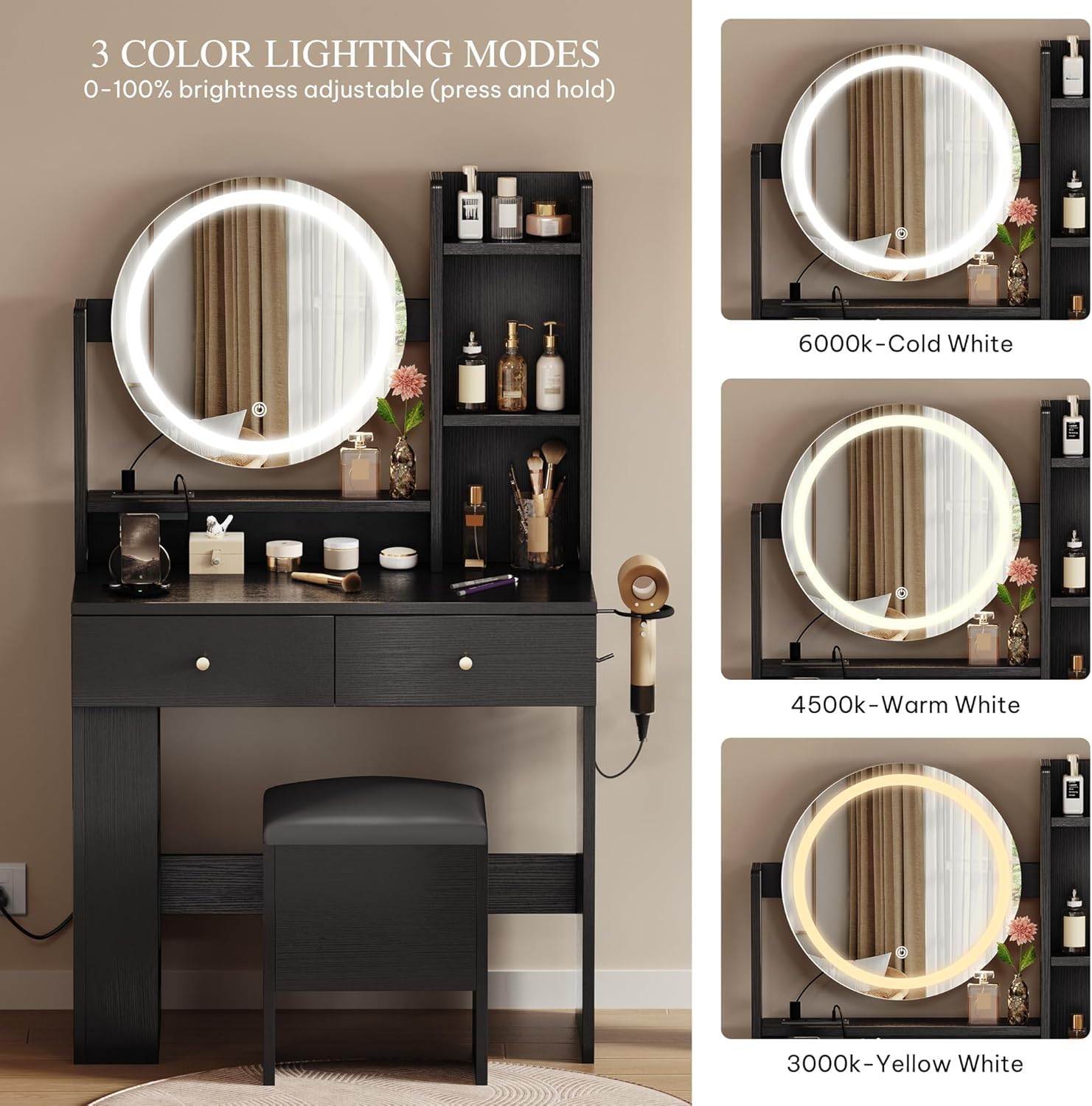 YITAHOME Makeup Vanity Desk with Mirror and Lights, Vanity Table Set with Power Outlets, Storage Drawer, Chair and 3 Shelves, Bedroom, Black