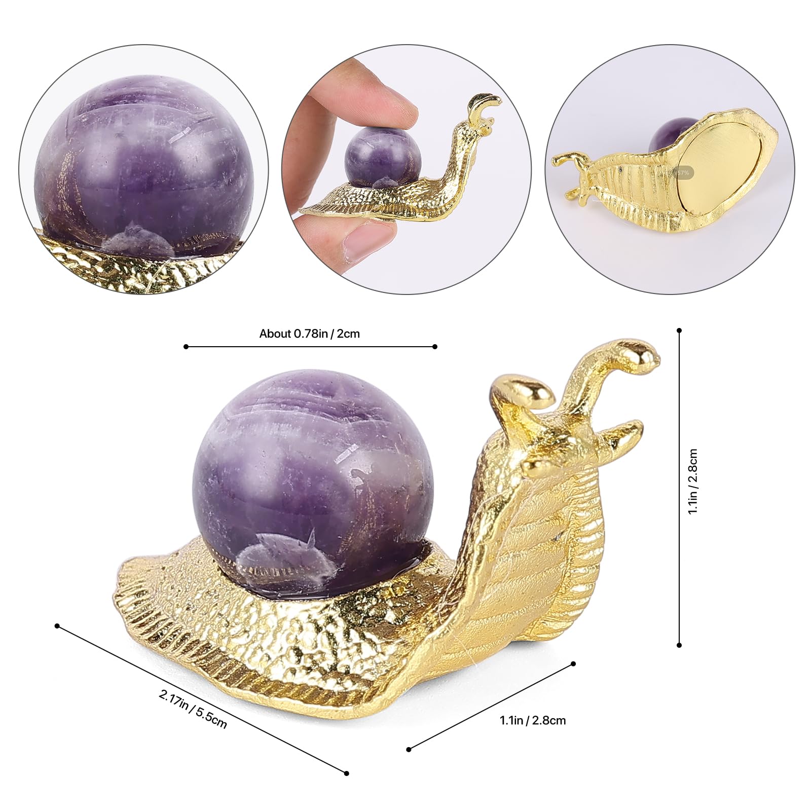 SHENGTIAN 2-Piece Set, 2-Inch Handcrafted Gold Snail Statues with 0.78-Inch Natural Amethyst Crystal Balls, Symbolizing Safety and Journey, Ideal for Desk and Home Decor (Amethyst)