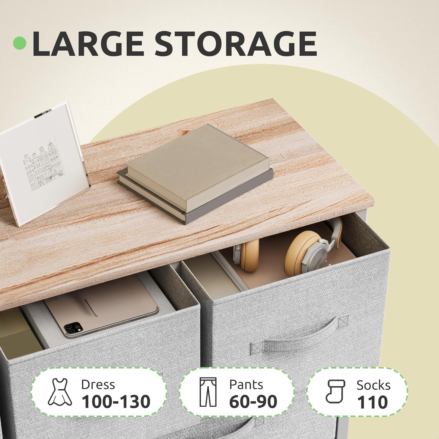 GOOBED 9 Drawer Dresser, Light Gray Fabric Storage Tower, Tall Organizer Unit for Room, Living Room, Hallway, Closets - Sturdy Steel Frame, Wooden Top & Easy Pull Bins