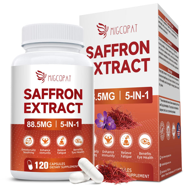 Happy Saffron Supplements - 5 in 1 Saffron Capsules with 10:1 Saffron Extract 88.5mg, Ginseng, Goji Berry & Chrysanthemum – Supports Memory, Focus, Mood, Energy, Emotional Balance & Eye Health