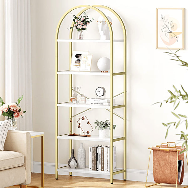 GarveeHome Arched Bookshelf 5 Tier Tall Bookcase Modern Standing Bookshelves Metal Storage Rack Shelf Wood Book Shelf for Bedroom, Living Room, Home Office (Gold)