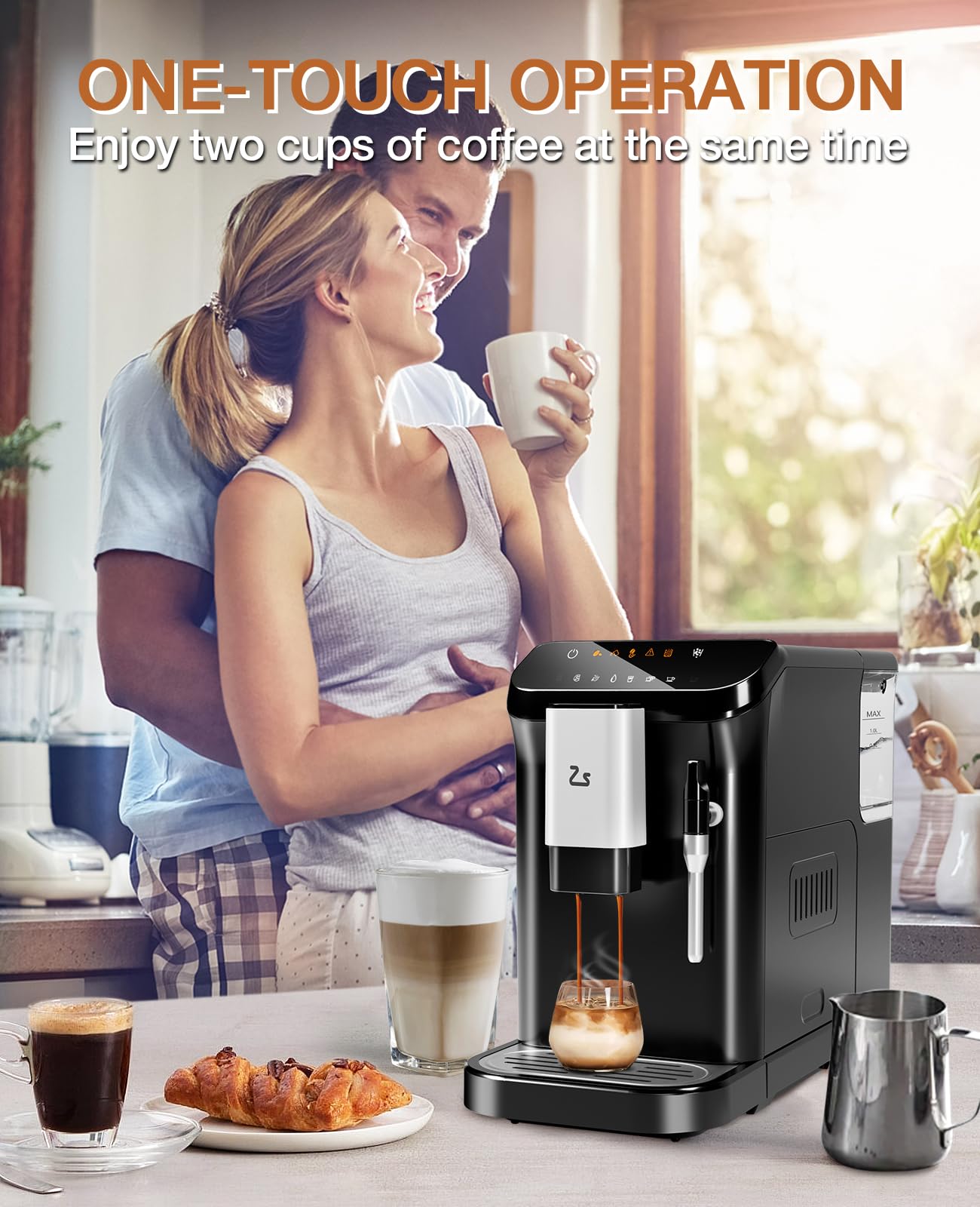 GarveeTech Fully Automatic Espresso Machine, 20 Bar Espresso & Coffee Machine with Milk Frother, Built-In & Adjustable Espresso Bean Grinder, Touch Screen Coffee Machine with 1.5L Water Tank