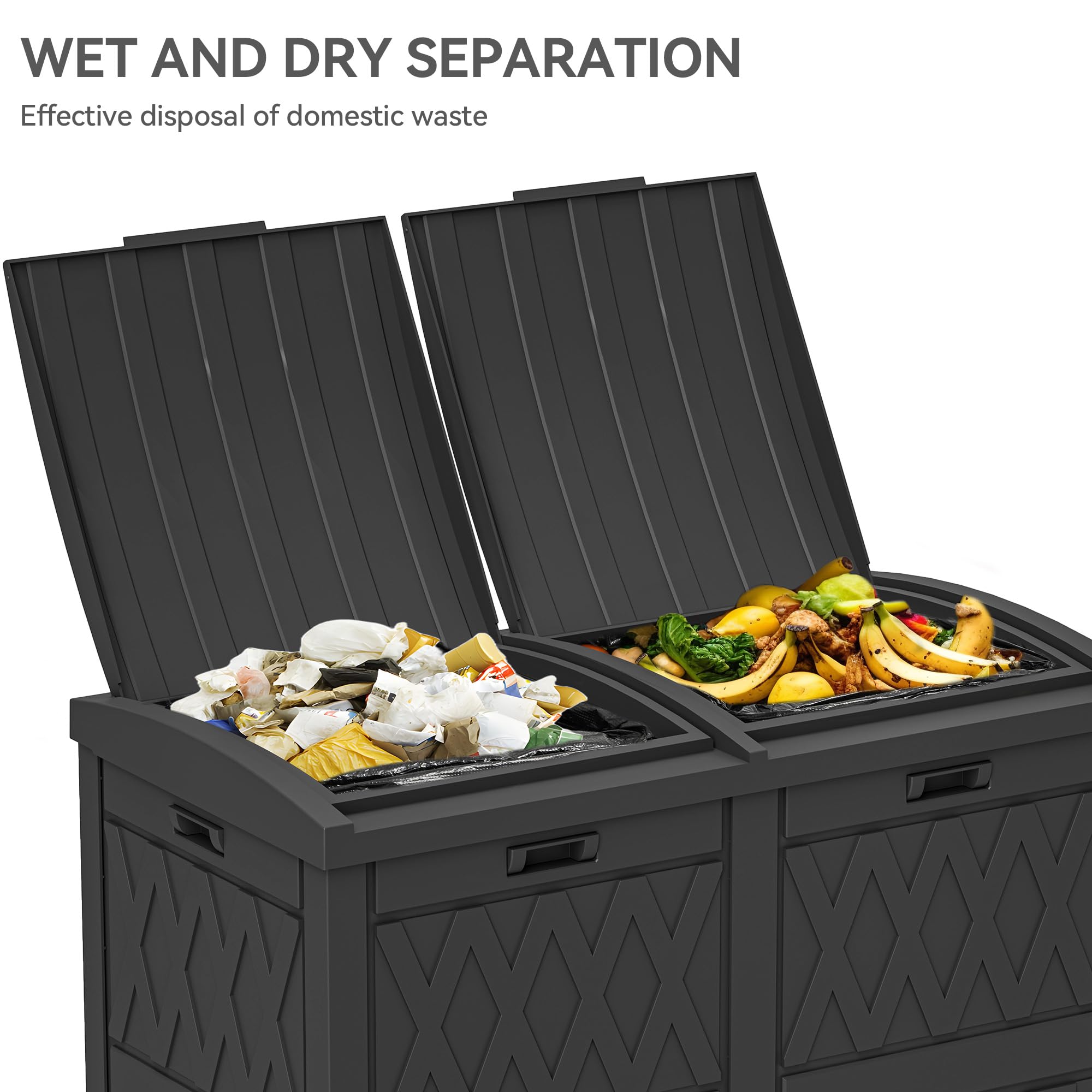 YITAHOME 76 Gallon Dual Compartment Outdoor Trash Can, Resin-Based with Layered Lid and Drip Tray, Waterproof Garbage Bin Black
