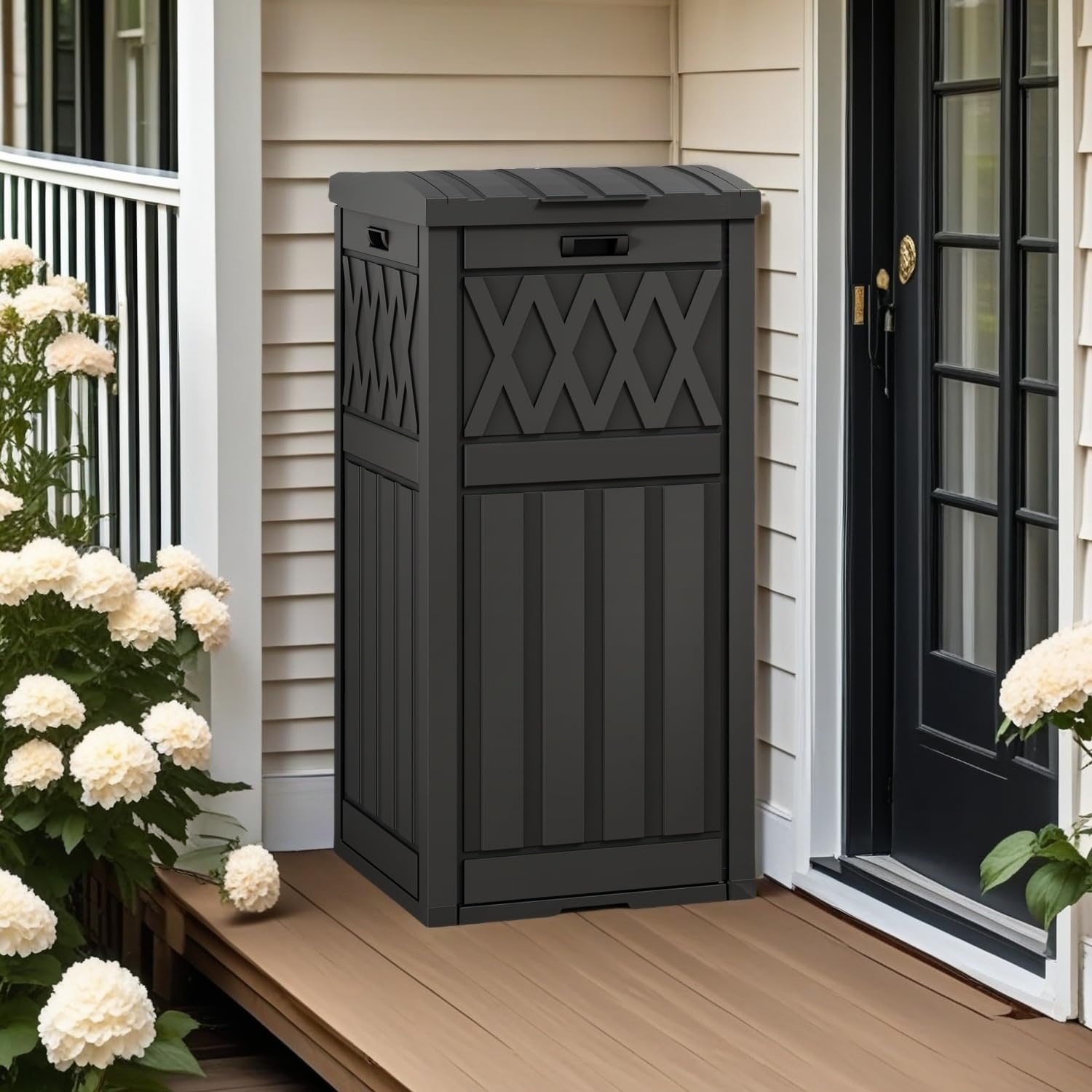 YITAHOME Outdoor Trash Bin with Layered Lid & Drip Tray 33 Gallon, Resilient Waterproof Garbage Can for Kitchen, Patio, Deck, and Backyard (Black)