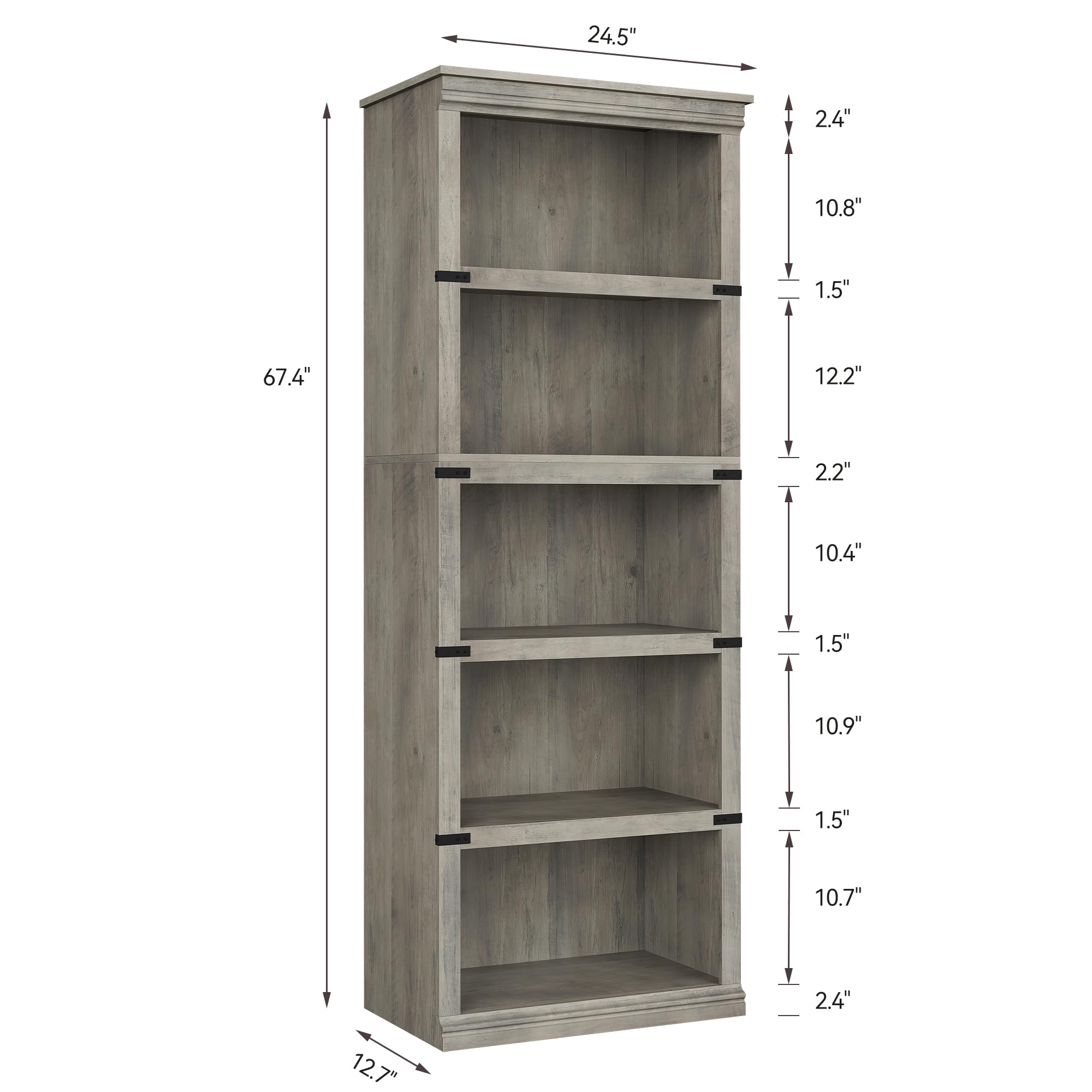 GarveeHome 5 Tier Farmhouse Bookcase, 67.4" Tall Book Shelf with Storage, Wooden Bookshelves 5 Shelf Display Shelvesfor Home Office, Living Room, Bed Room (Grey, 67.4" H x 24.4" W x 12.8" D)