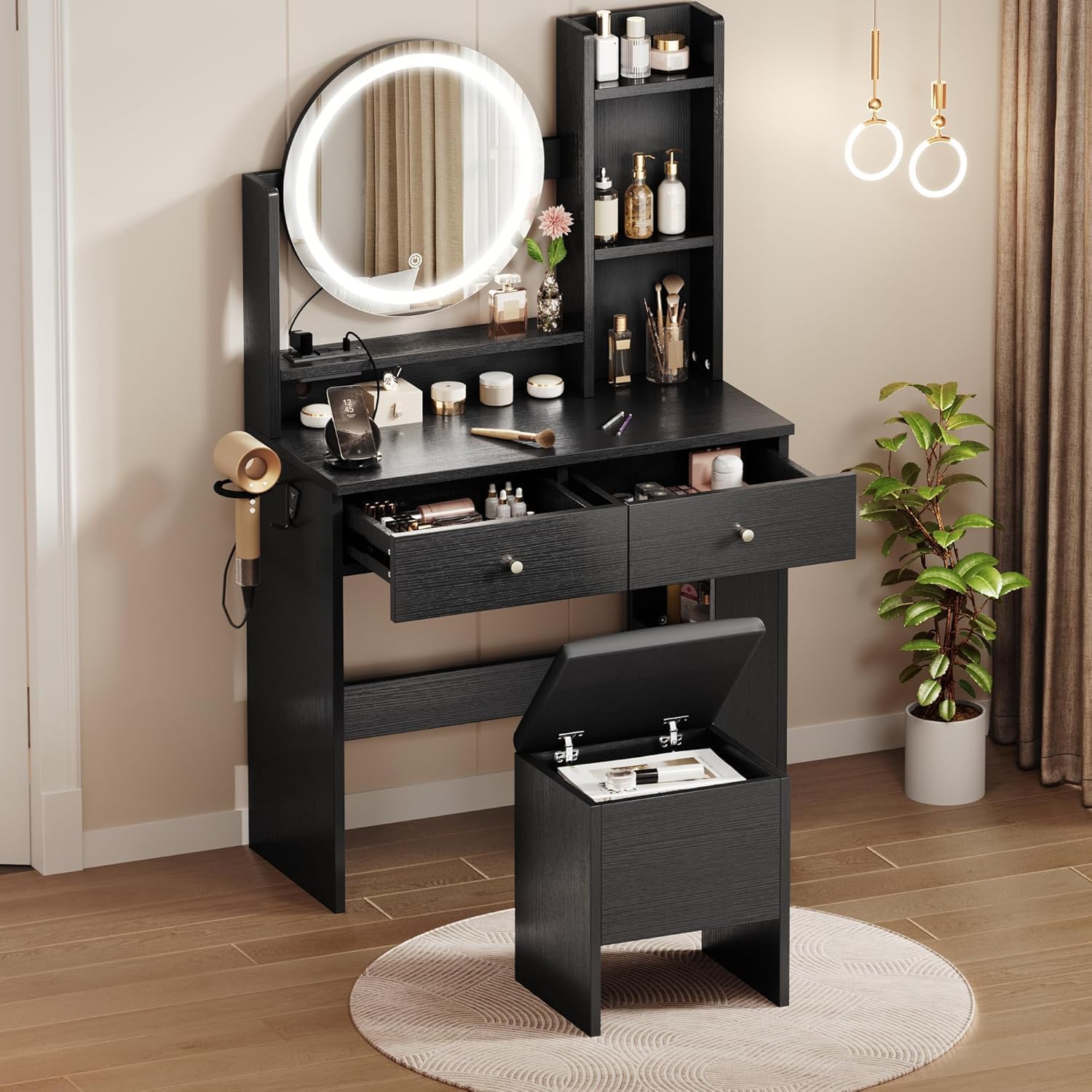 YITAHOME Makeup Vanity Desk with Mirror and Lights, Vanity Table Set with Power Outlets, Storage Drawer, Chair and 3 Shelves, Bedroom, Black