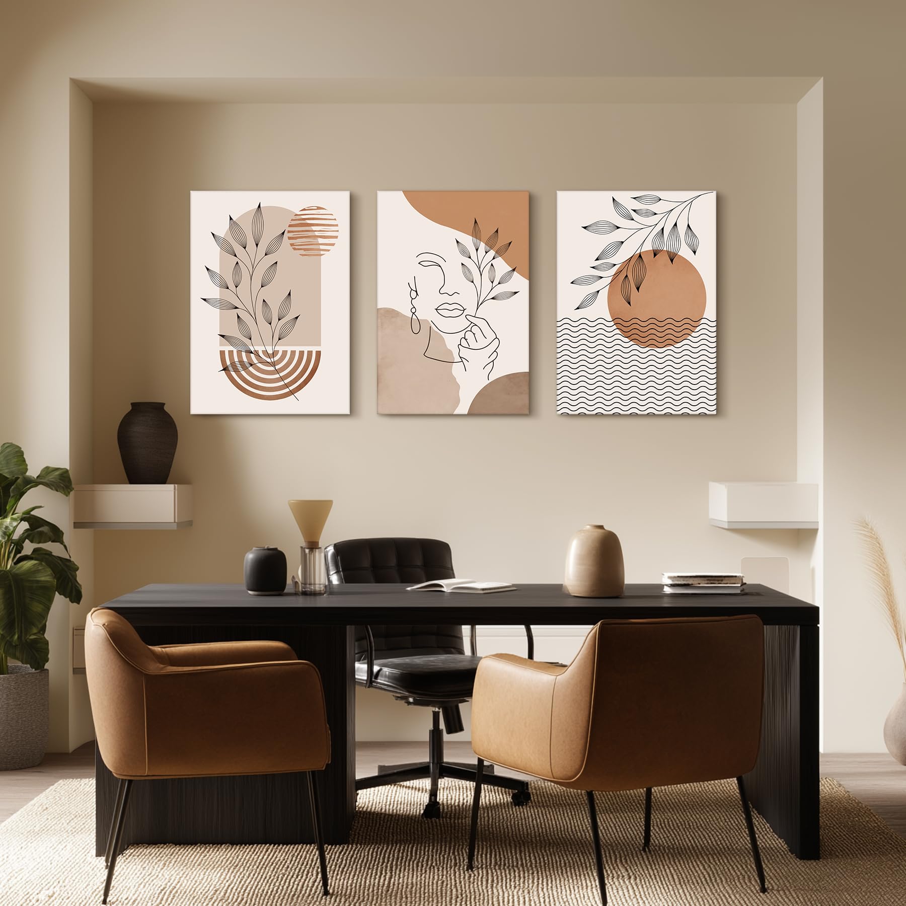 SERIMINO Boho Framed Wall Art Set of 3, Minimalist Wall Decor Living Room, Geometric Line Leaf Sun Moon Canvas Artwork Paintings for Bathroom, Home Decor Print, 20"X28"