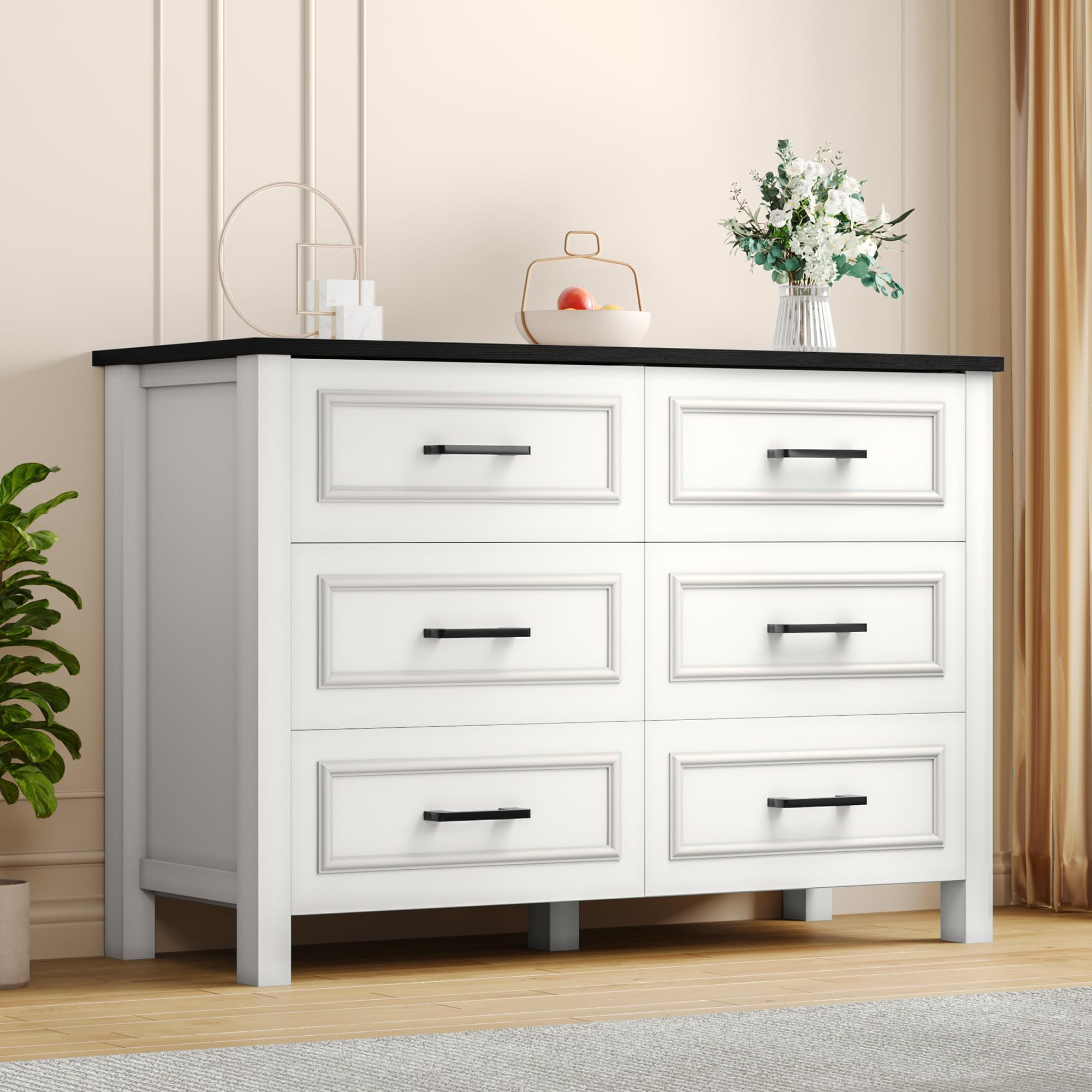 DWVO Farmhouse Wooden Dresser TV Stand with Power Outlet, 6-Drawer Dresser with Large Storage Drawers and Bar Handles, Ideal for Living Room, Hallway, 47.2" L x 15.7" W x 33.4" H - White & Black