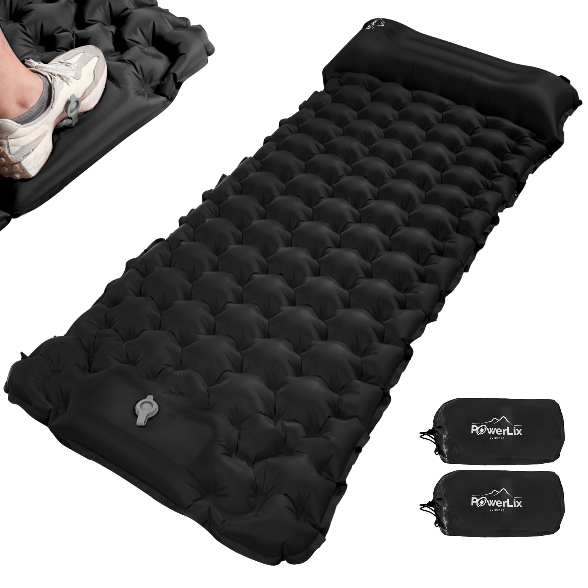 POWERLIX Camping Sleeping Pad 2 Pack, Foot Pump Sleeping Pad for Camping with Built in Pillow, Inflatable Camping Mat, Lightweight Compact Air Mattress Pad for Backpacking Hiking Travelling