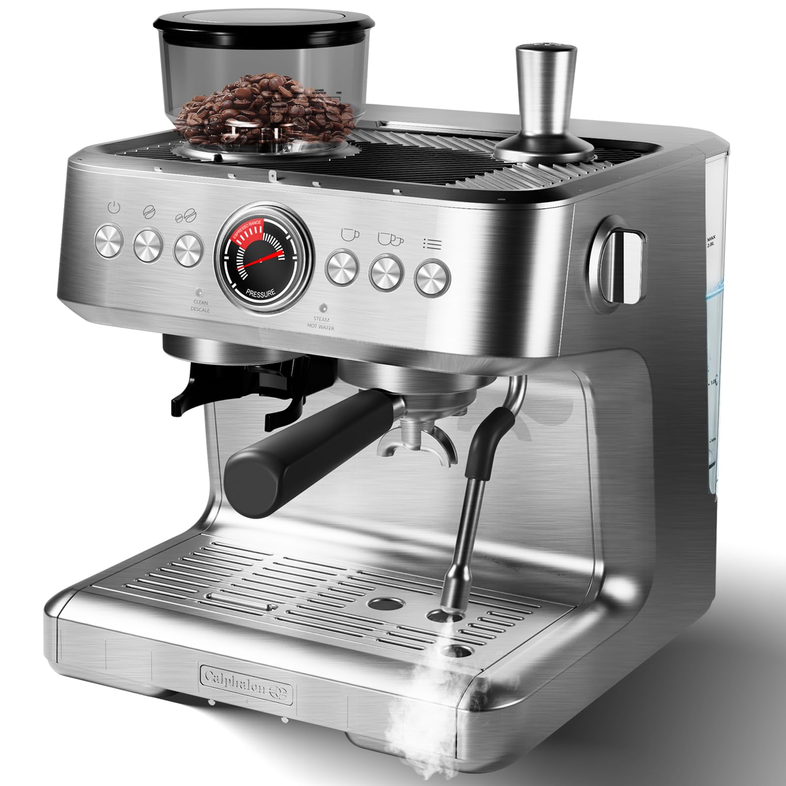 Espresso Coffee Machine, 20 Bar Professional Coffee Maker with Grinder and Milk Frother Steam Wand, 2.8L Water Tank, 15 Grinding Setting Espresso Cappuccino/Latte Machine for Home