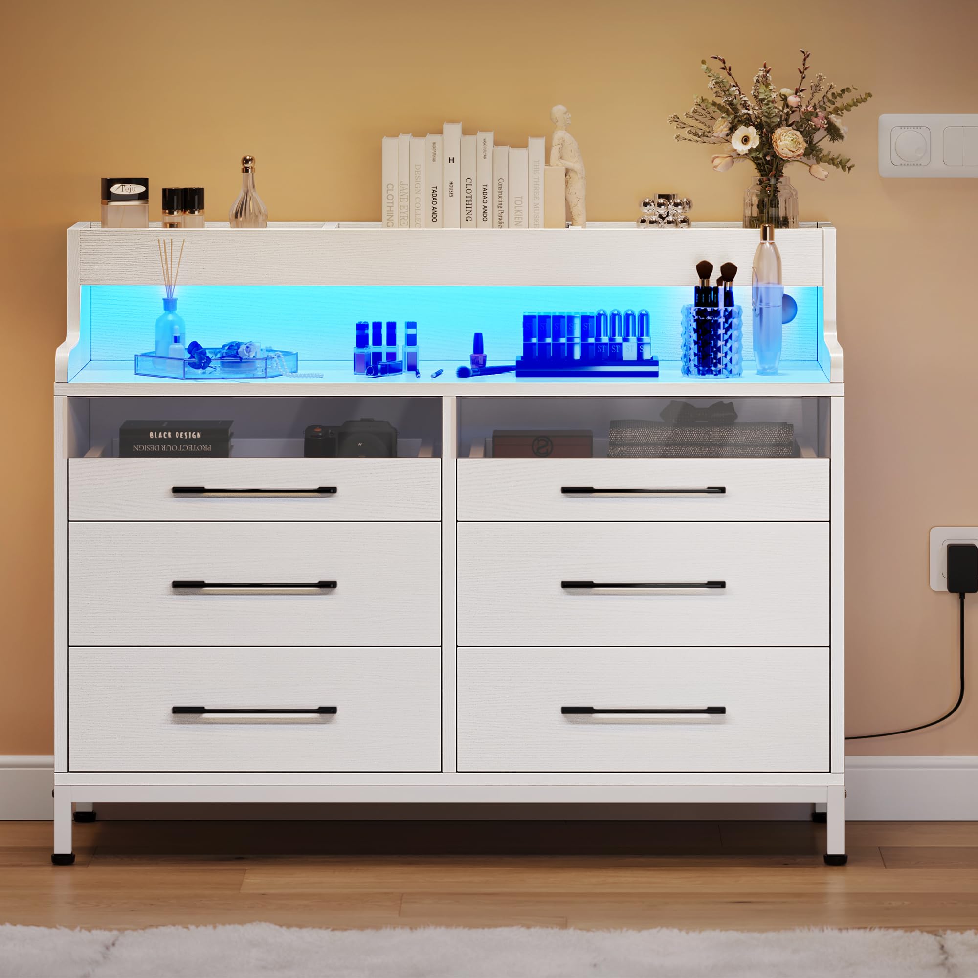 DWVO 6 Drawer Dressers with LED Light, Dresser & Chests of Drawers with Charging Station, Modern Dresser with Open Shelf Storage for Room, Entryway, Hallway, White