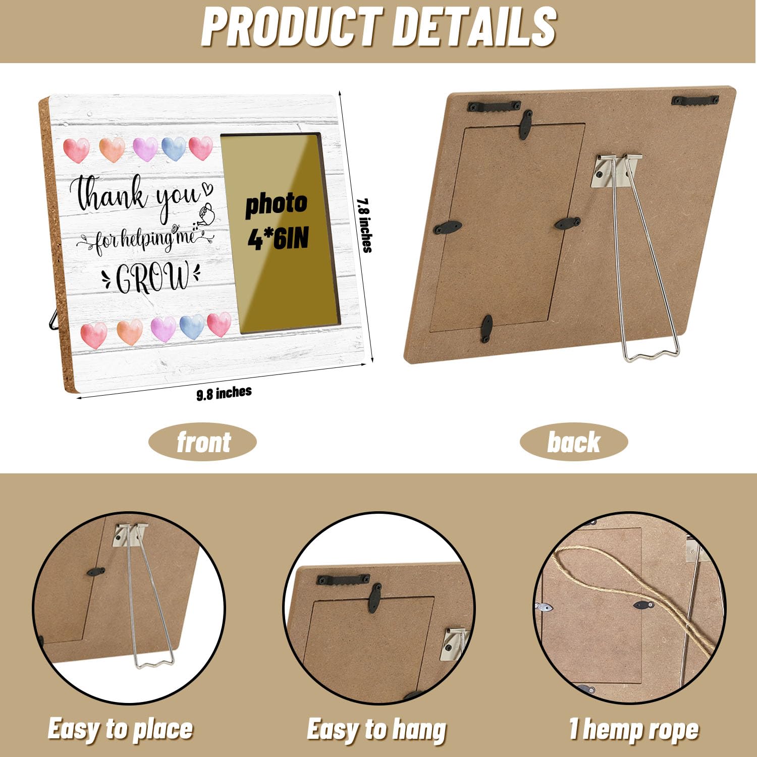 Thank You Gifts for Teachers Friends, Grateful Gifts Wooden Photo Frame, Thank You for Helping Me Grow Picture Frame, Home Wall & Tabletop Decor Picture Frames(4x6 Inch Photo)