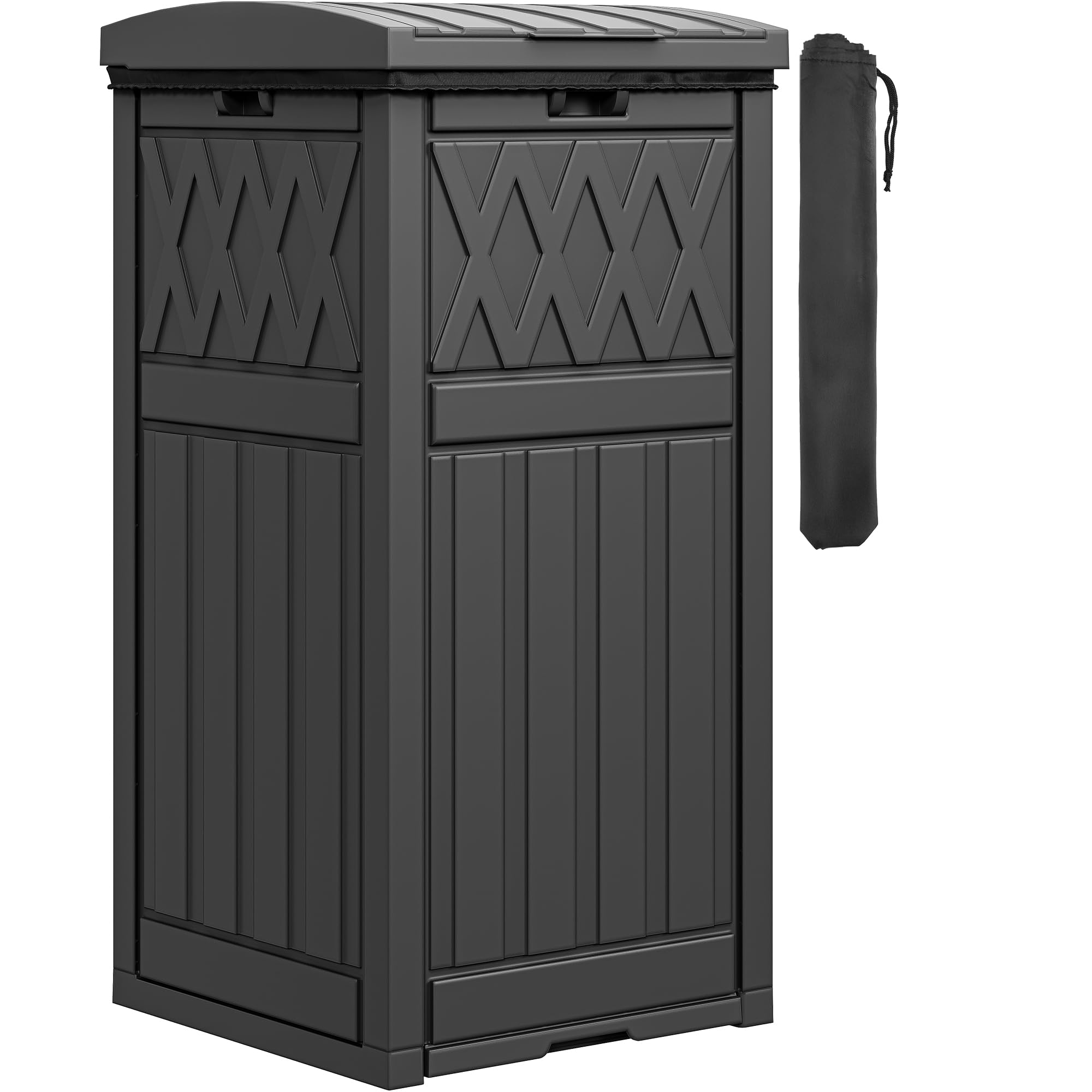 DWVO 36-Gallon Outdoor Trash Can with Fabric Bag, Tiered Lid & Drip Tray, Waterproof Resin Garbage Bin for Patio, Deck, and Backyard, Black